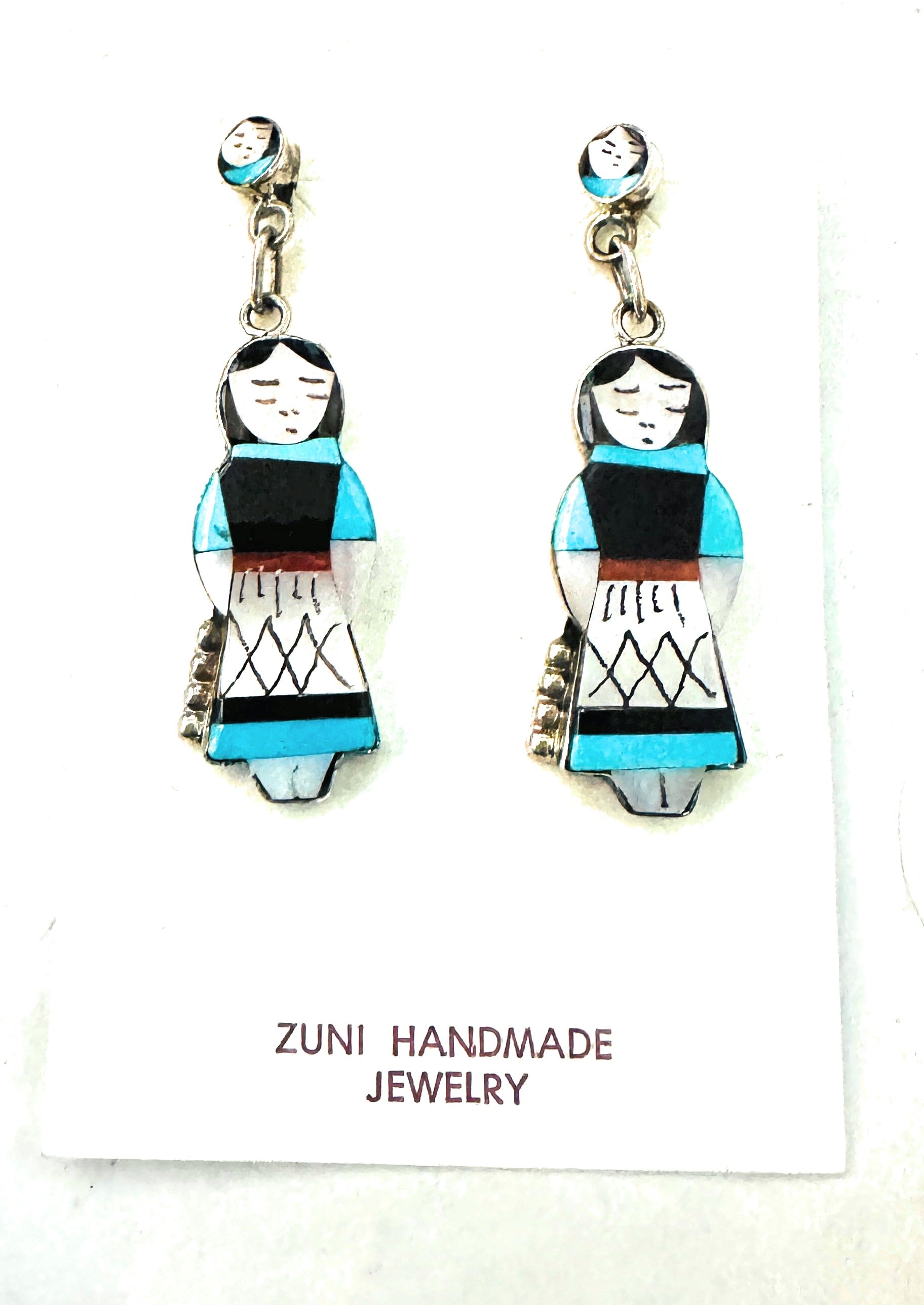 Zuni Multi Stone & Sterling Silver Inlay Maiden Girl Dangle Earrings