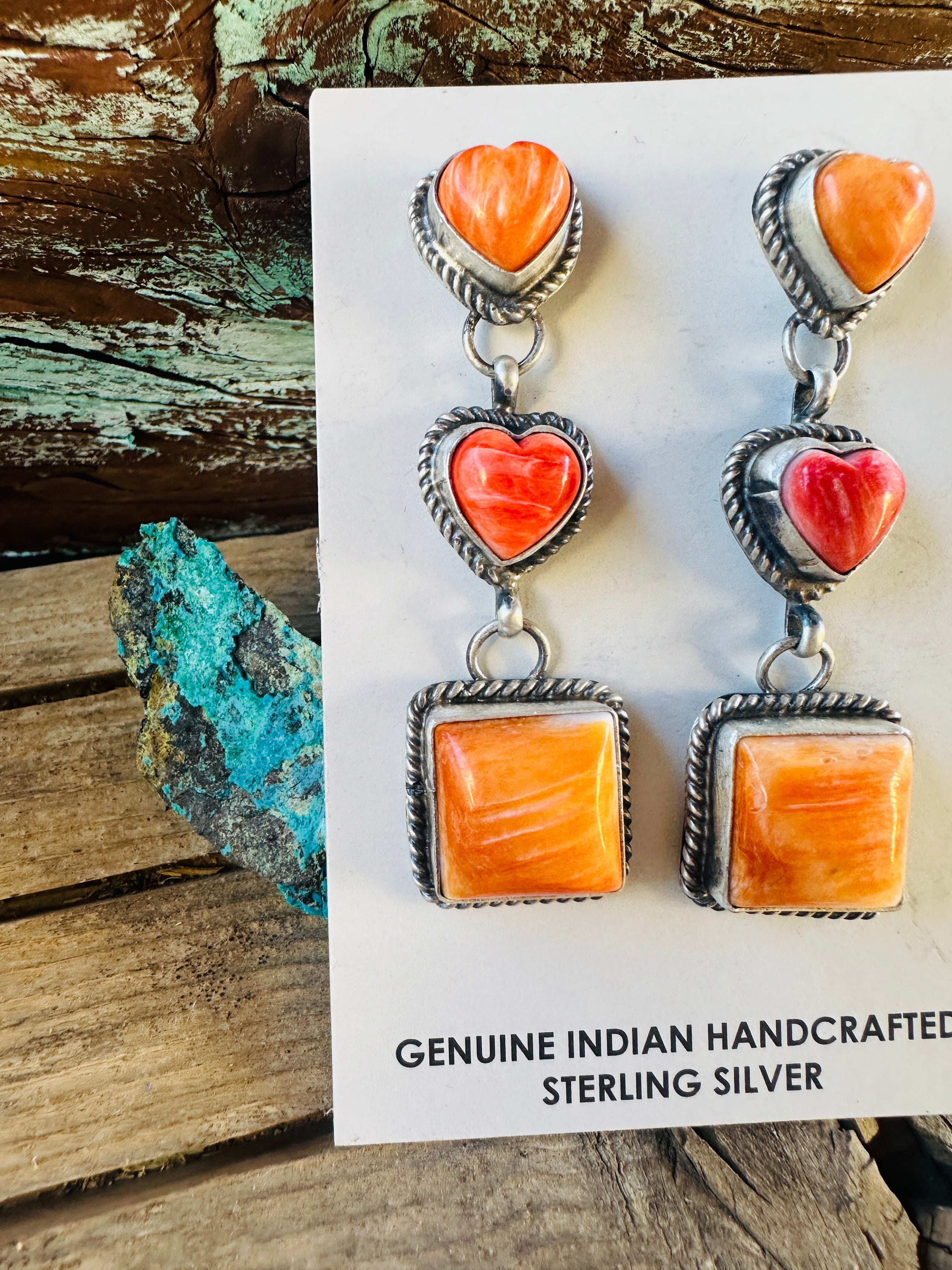 Handcrafted Spiny Oyster & Sterling Silver Heart Dangle Earrings by Vicky Hicks