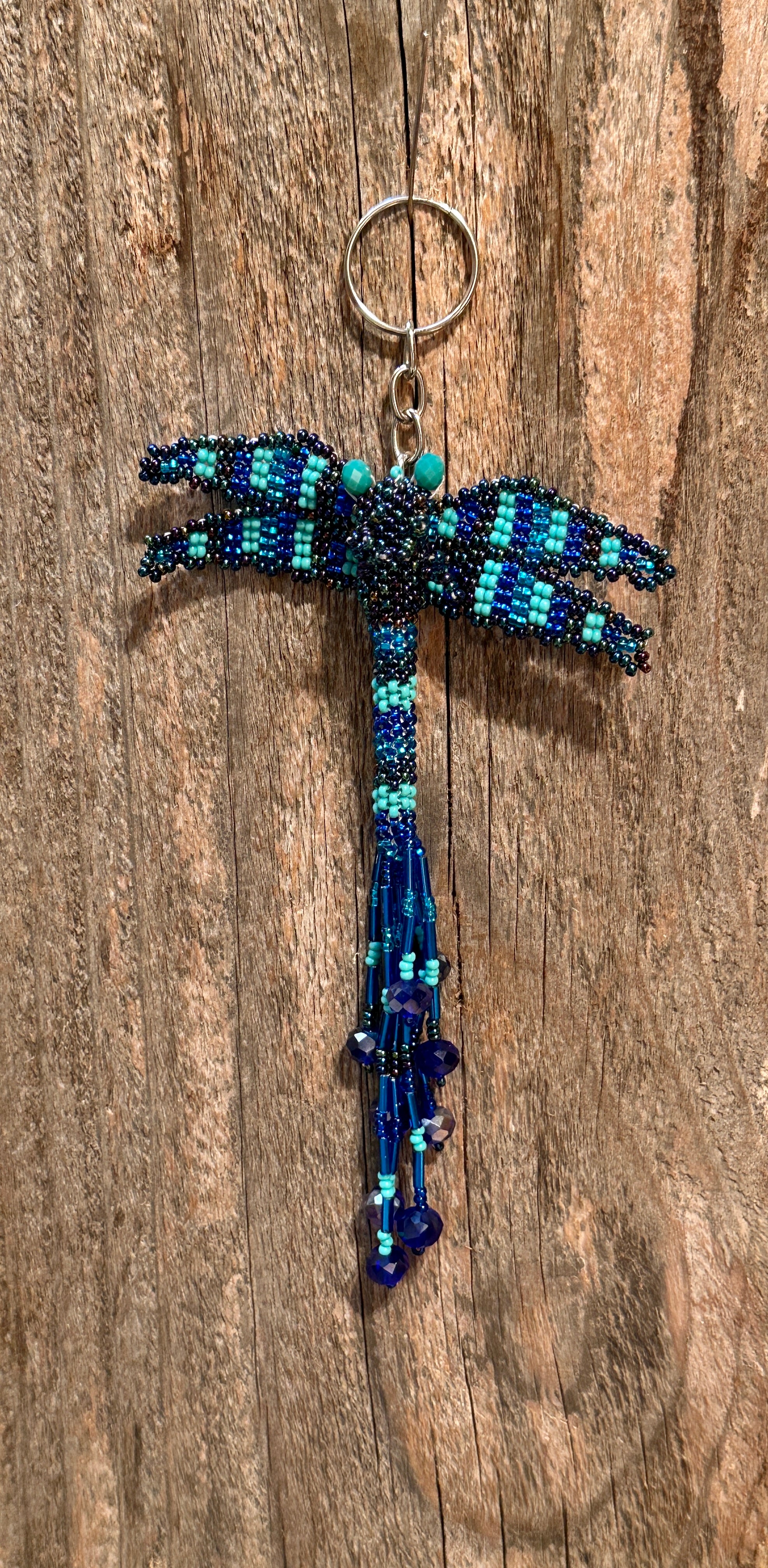 Handmade Beaded Blue Dragonfly Keychain