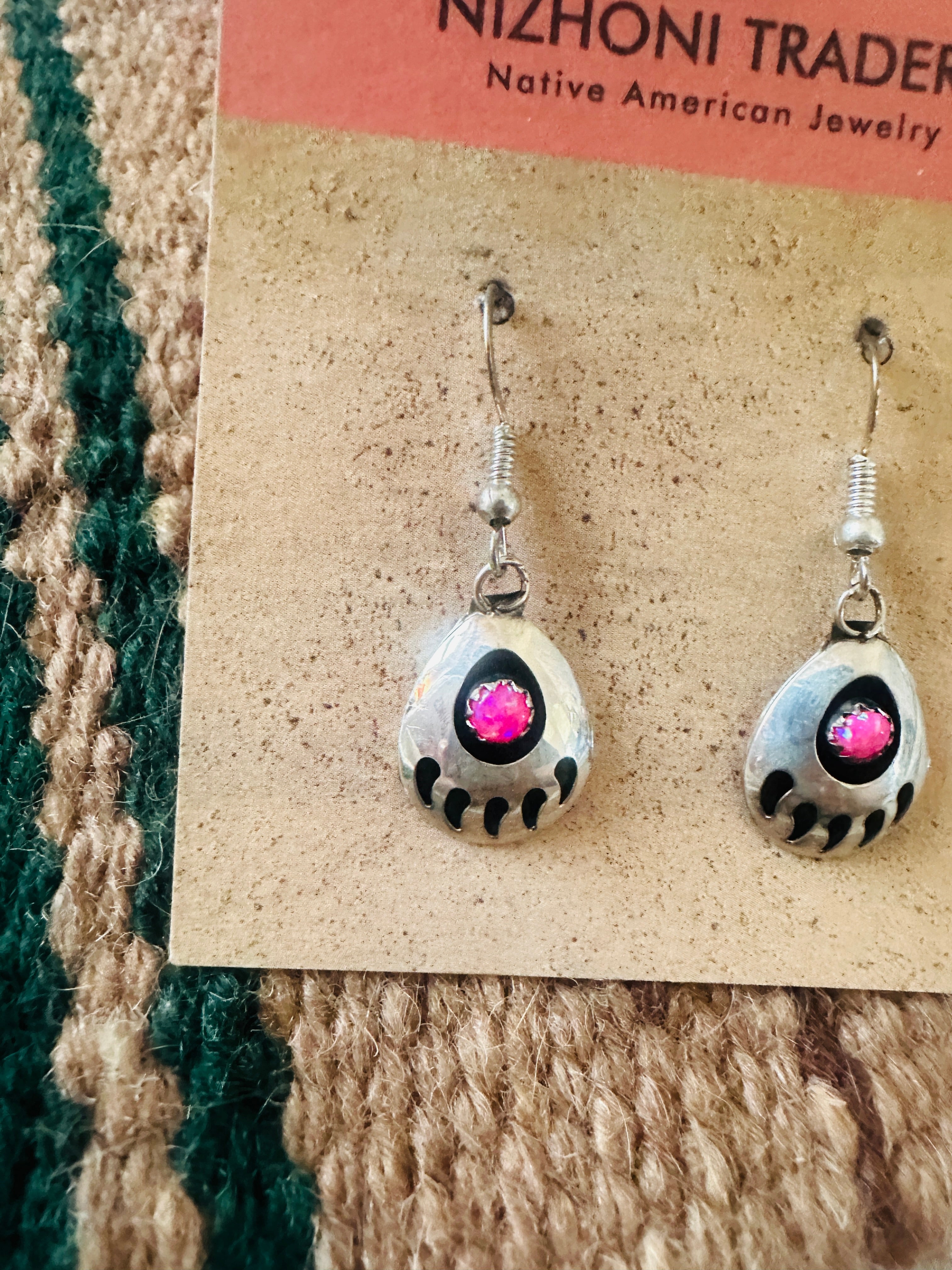 Navajo Pink Opal & Sterling Silver Bear Paw Dangle Earrings