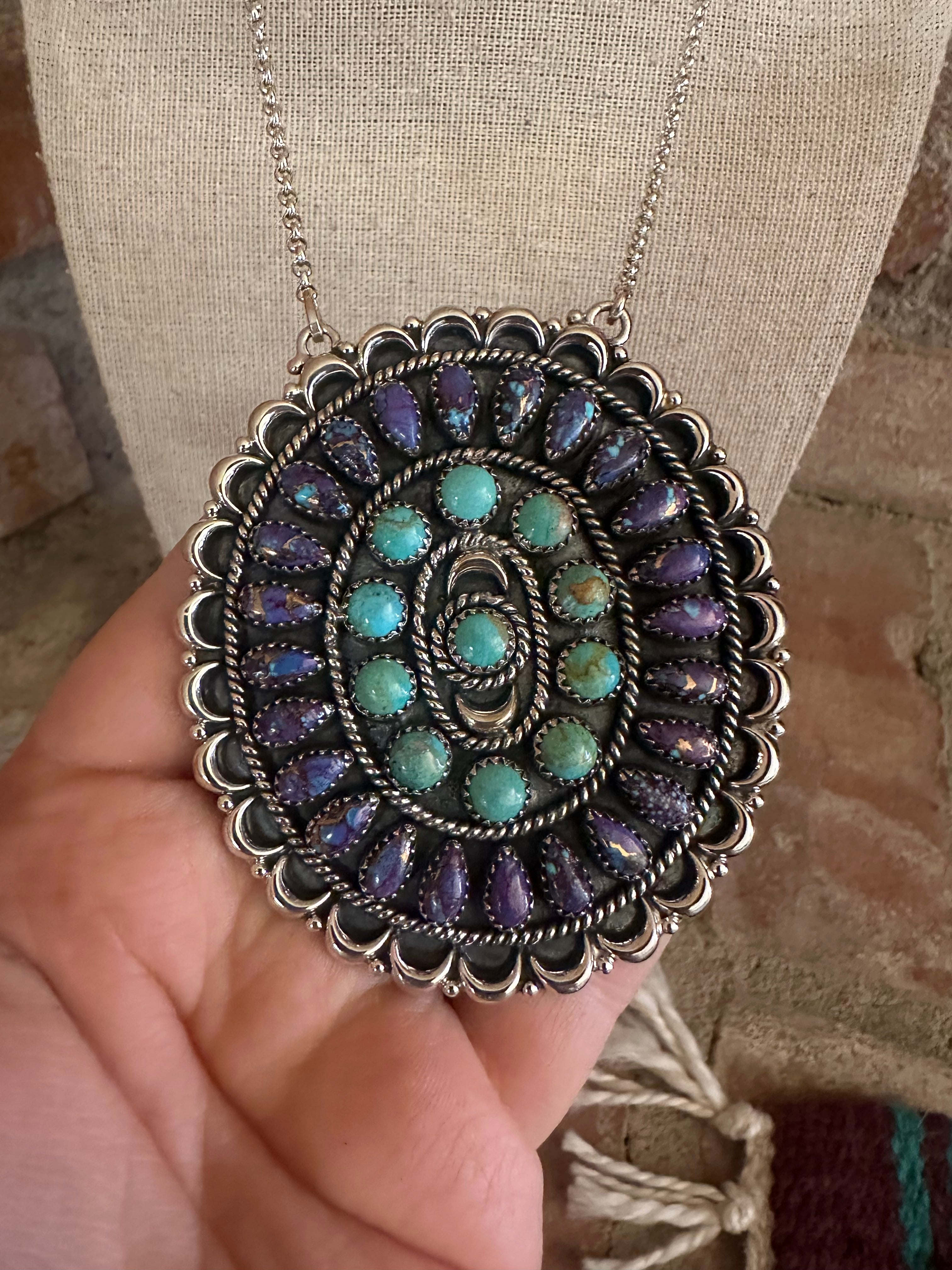 Beautiful Handmade Sterling Silver, Purple Dream Mojave & Turquoise Cluster Necklace Signed Nizhoni