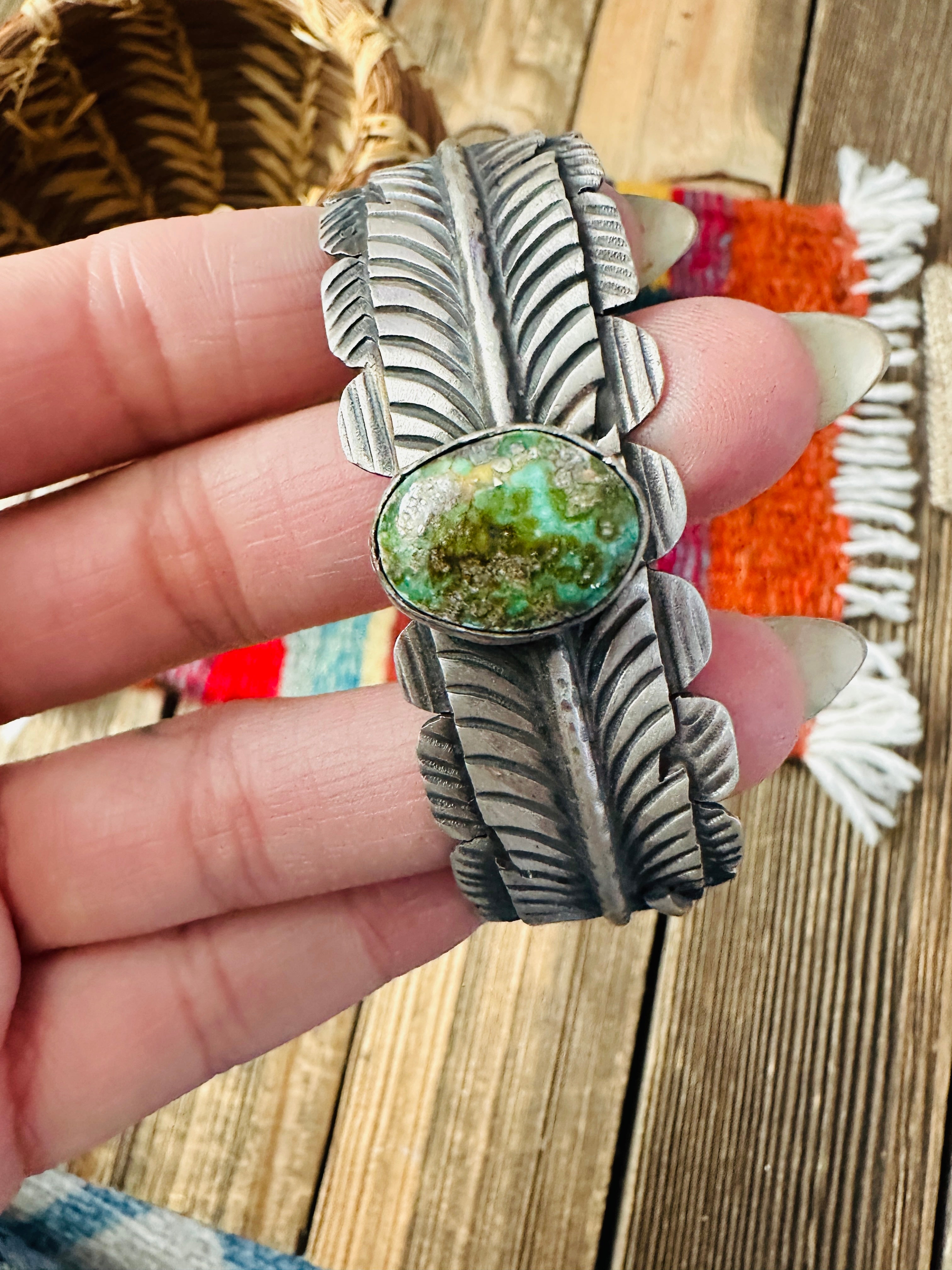 Handcrafted Sonoran Gold Turquoise & Sterling Silver Feather Cuff Bracelet