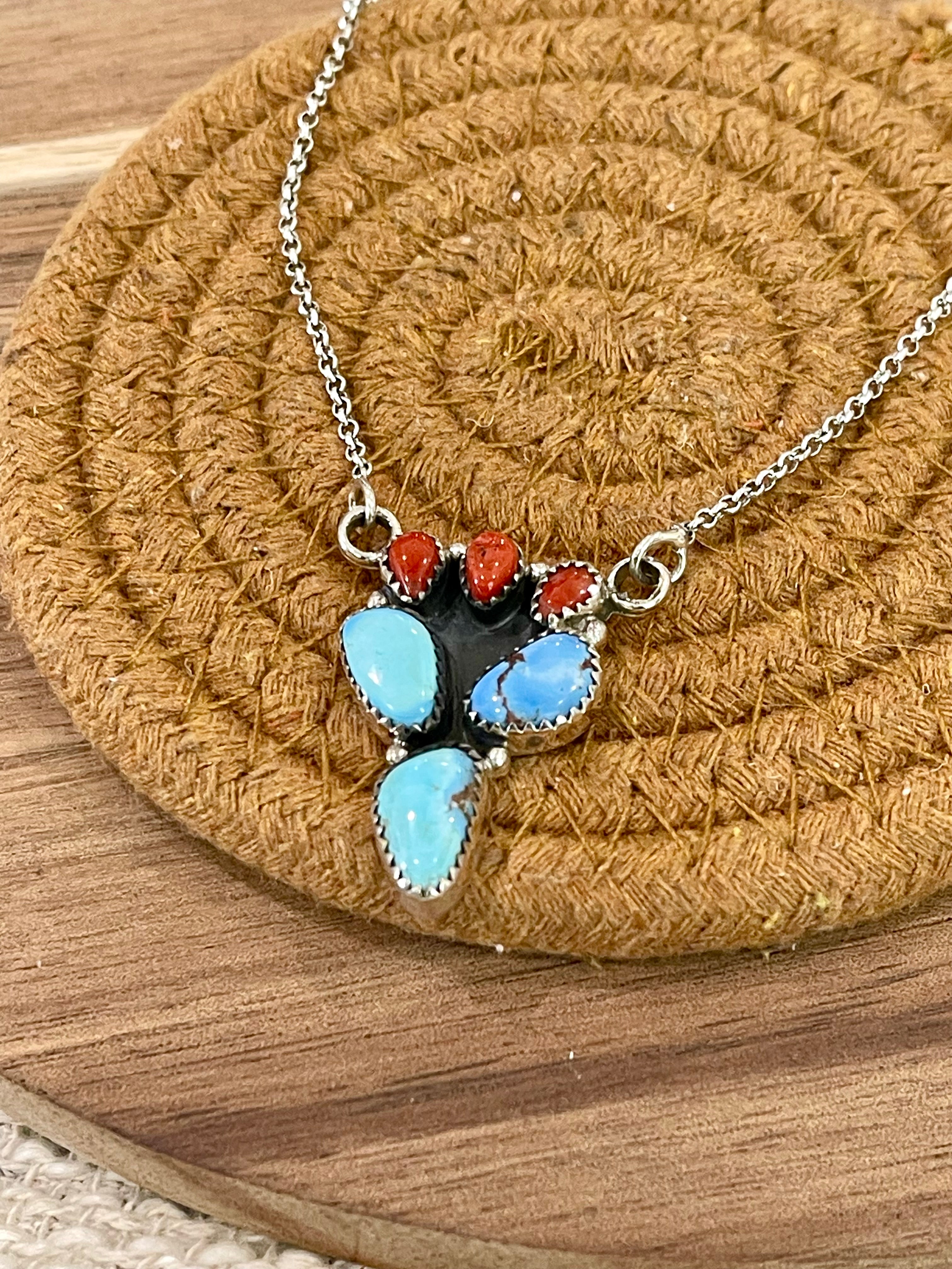 Handmade Sterling Silver, Golden Hills Turquoise & Coral Necklace Signed Nizhoni