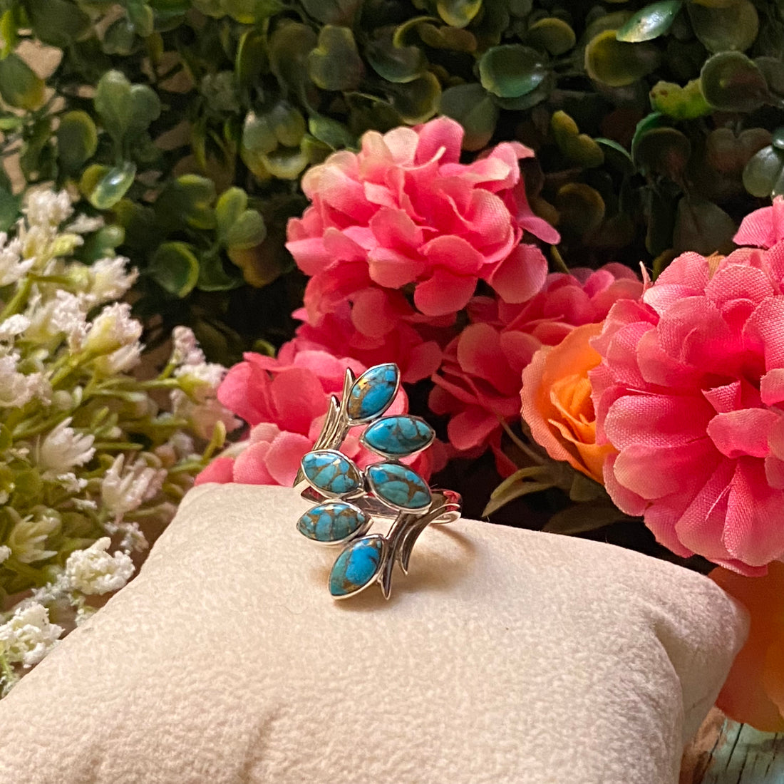 Sterling Silver Six Leaf Copper Turquoise Ring Size 8.75