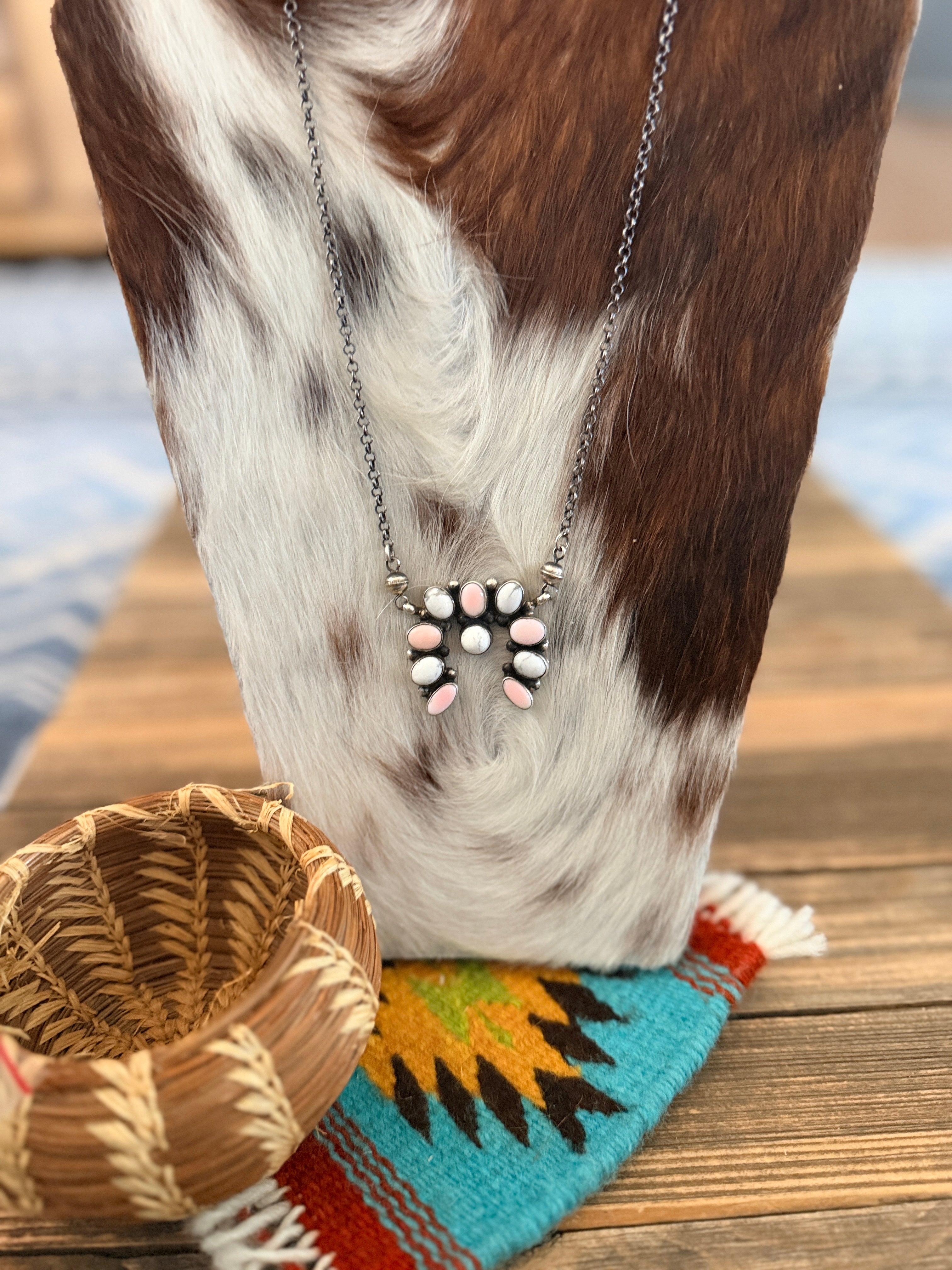 Handcrafted Queen Pink Conch, White Buffalo & Sterling Silver Naja Necklace by Jacqueline Silver