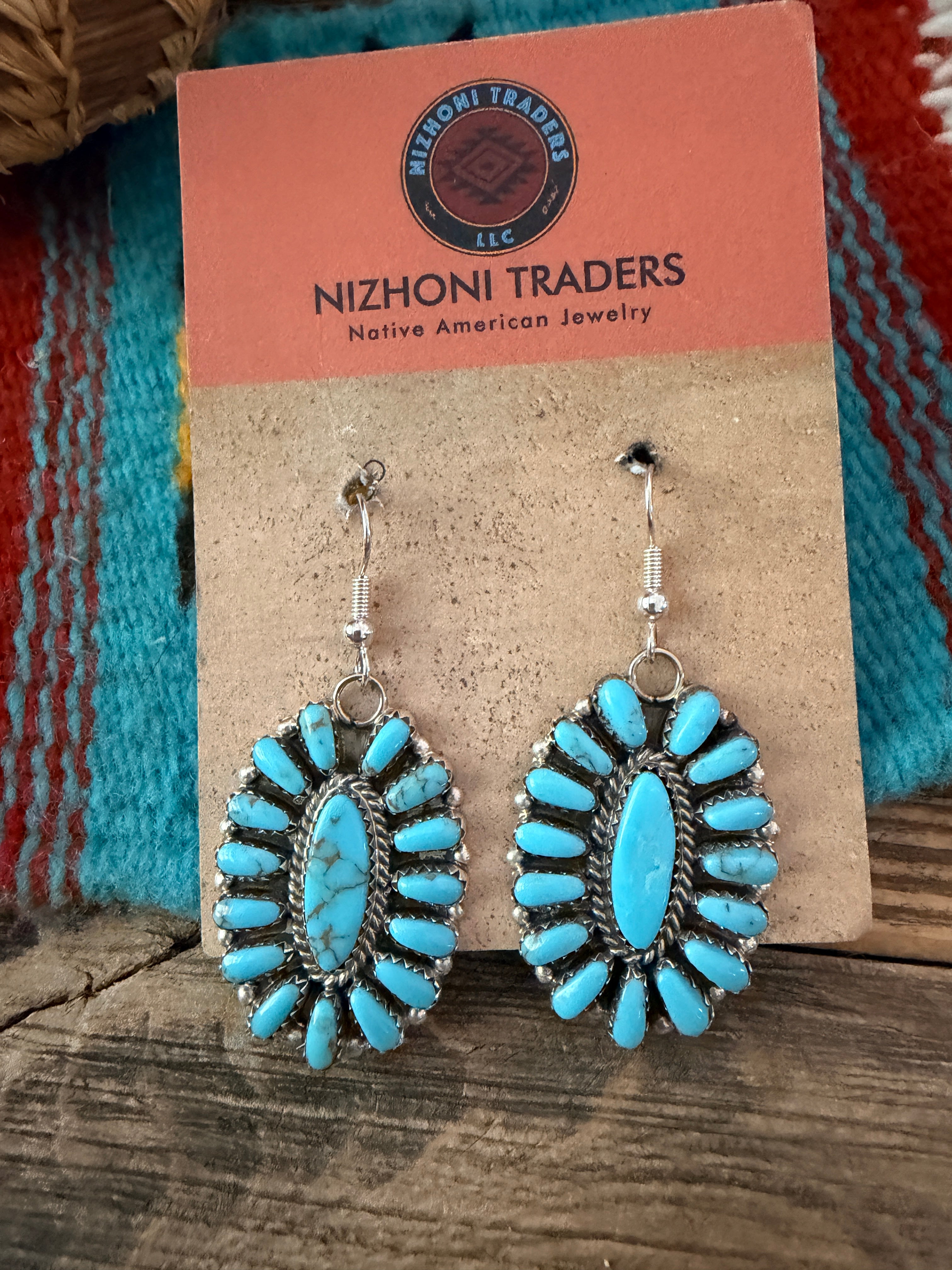 Old Pawn Handcrafted Sterling Silver & Turquoise Cluster Dangle Earrings
