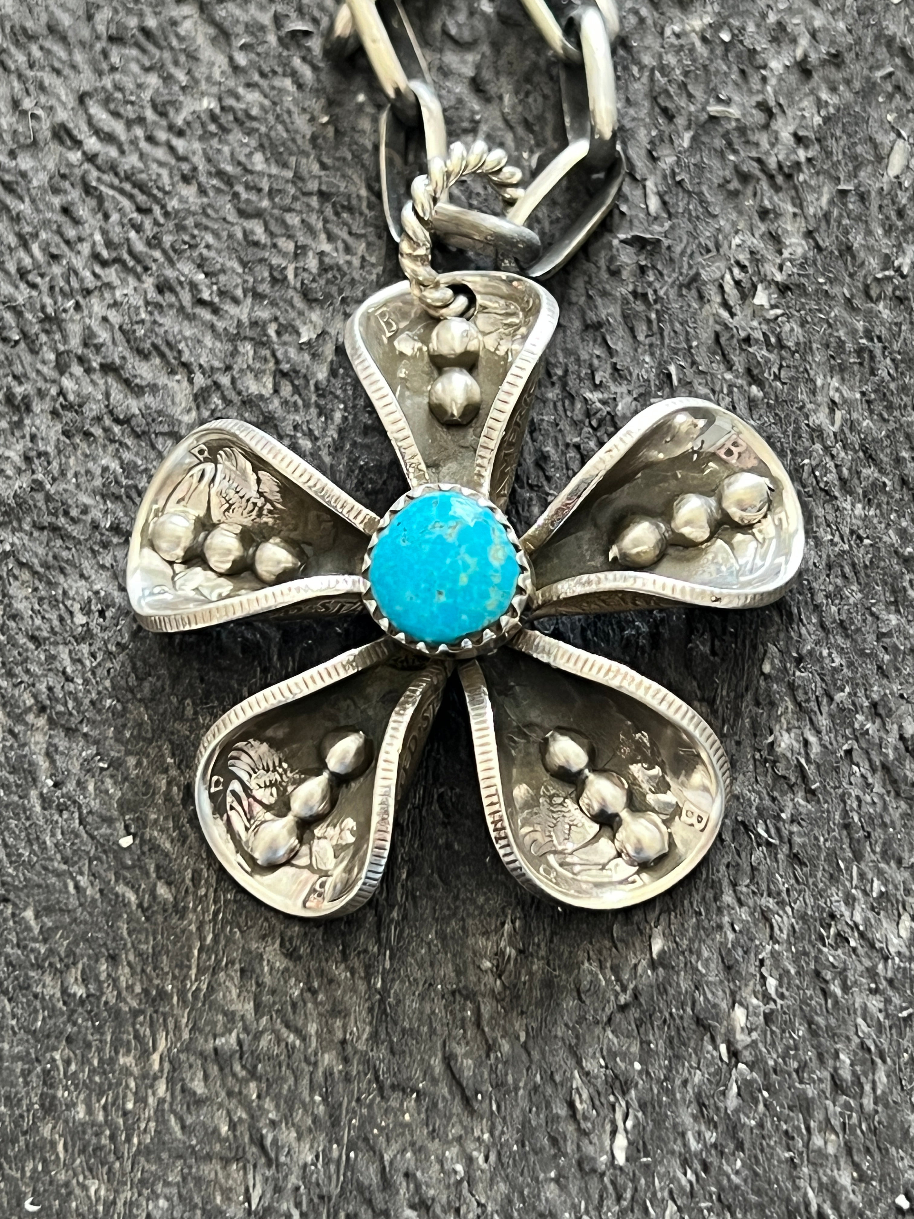 Handcrafted Sterling and Coin Silver Mercury Dime Flower Pendant with Turquoise on Handmade Chain by James Begay