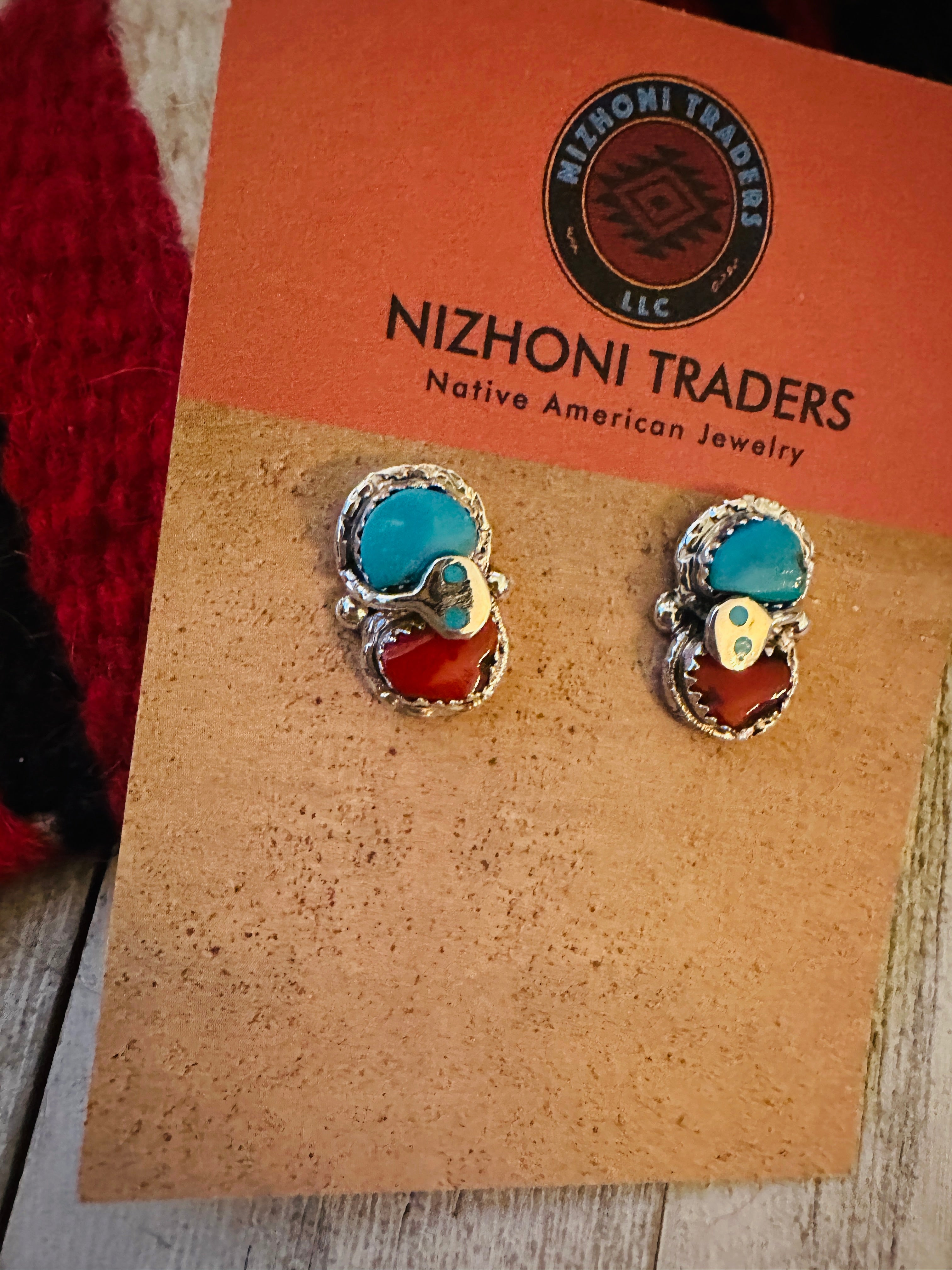 Zuni Sterling Silver, Turquoise & Coral Post Earrings by Effie Calavaza