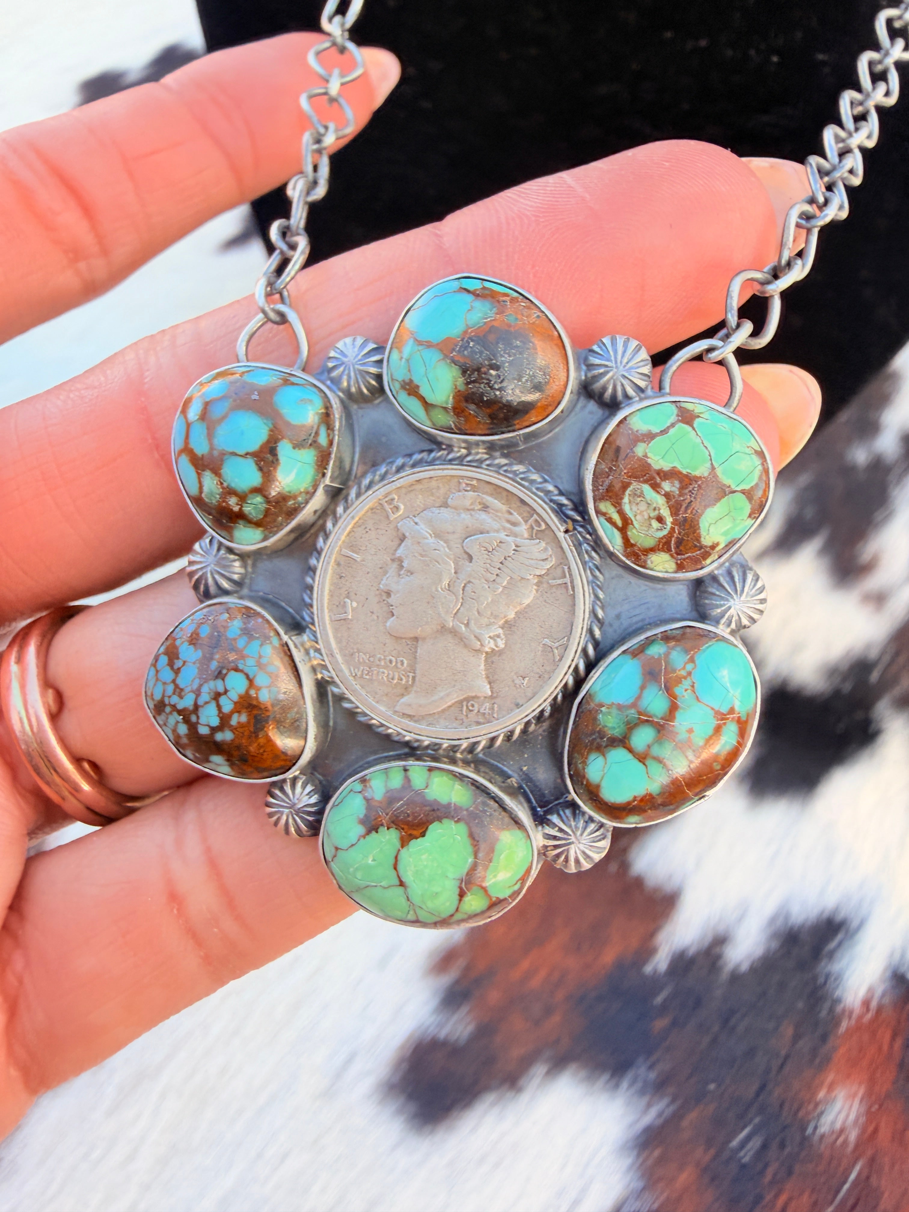 Handcrafted Number 8 Turquoise & Sterling Silver Liberty Dime Necklace by Sheila Tso