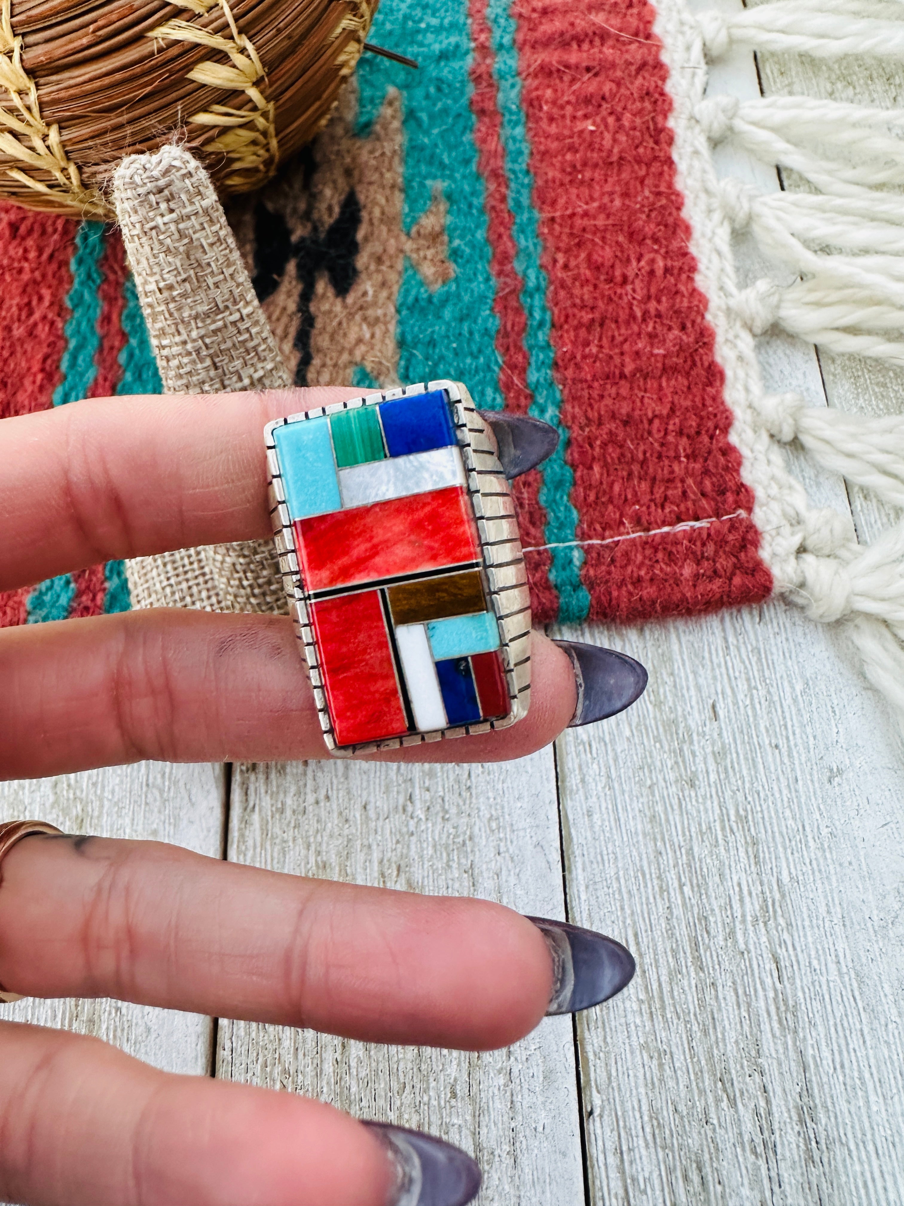 Old Pawn Navajo Sterling Silver & Multi Stone Inlay Ring Size 12.5