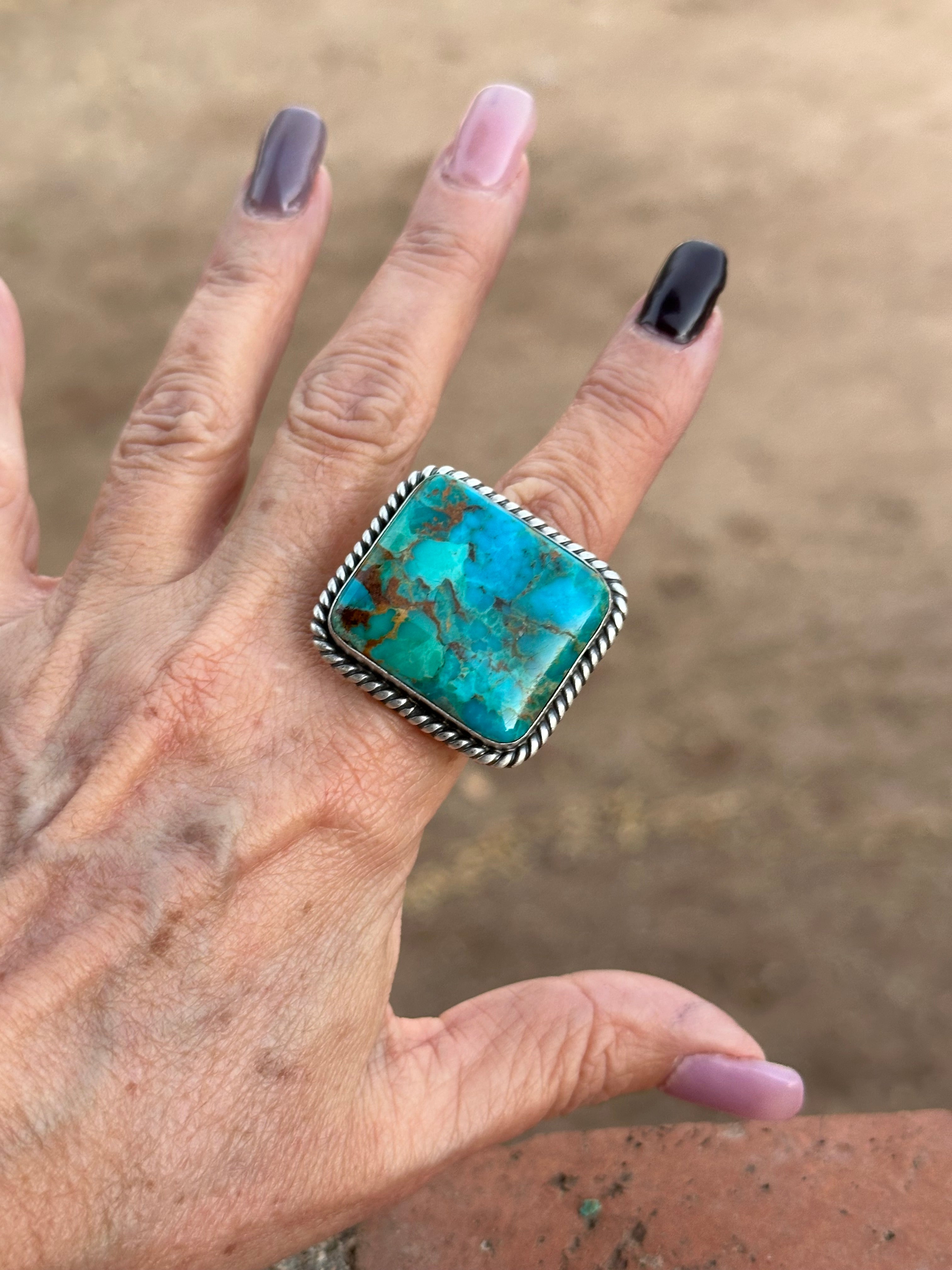 “The Lainey” Navajo Kingman Turquoise & Sterling Silver Adjustable Ring by Alfred Martinez