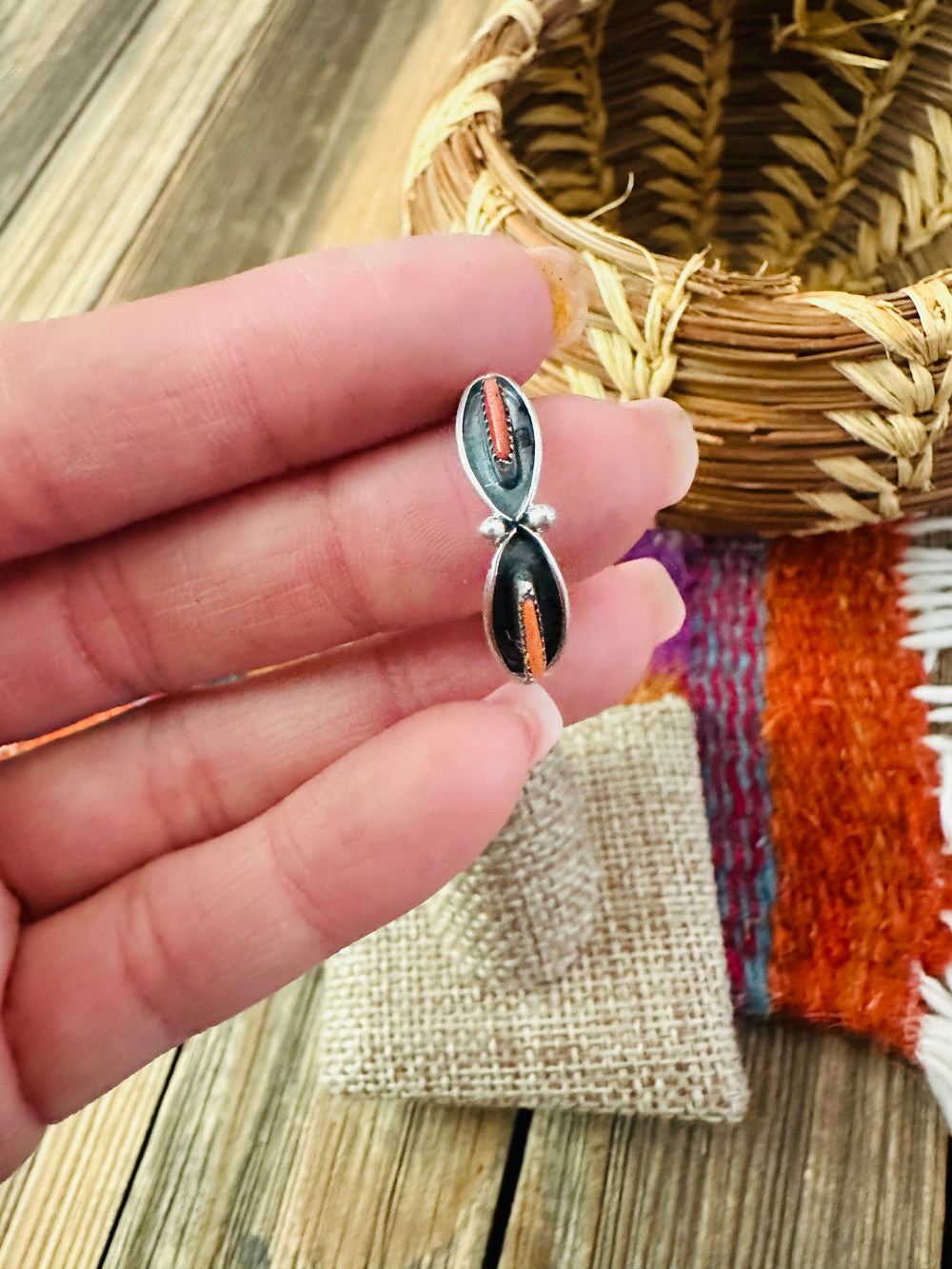 Handcrafted Coral & Sterling Silver Band Ring Size 7.5