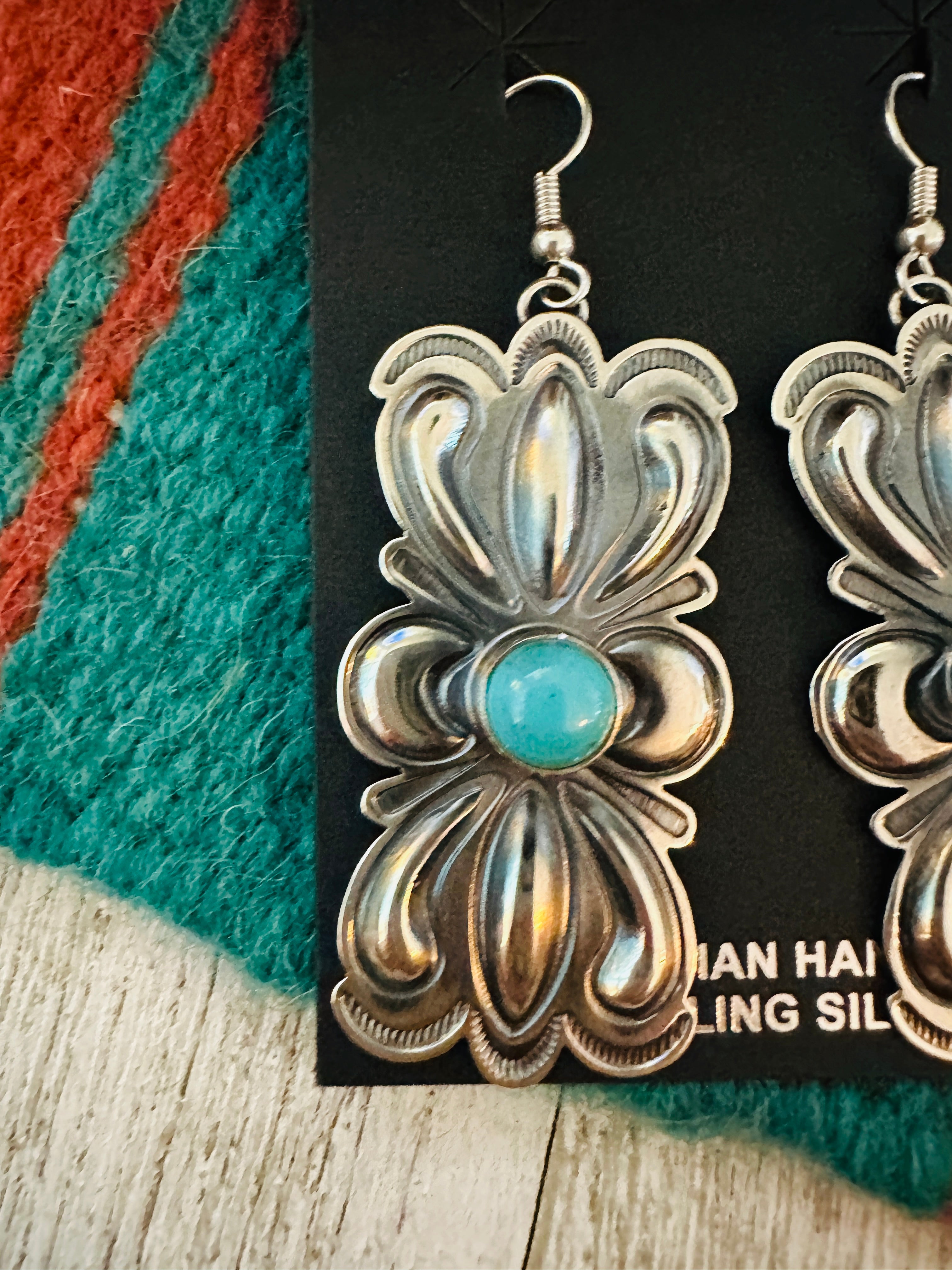 Navajo Hand Stamped Sterling Silver & Turquoise Concho Dangle Earrings