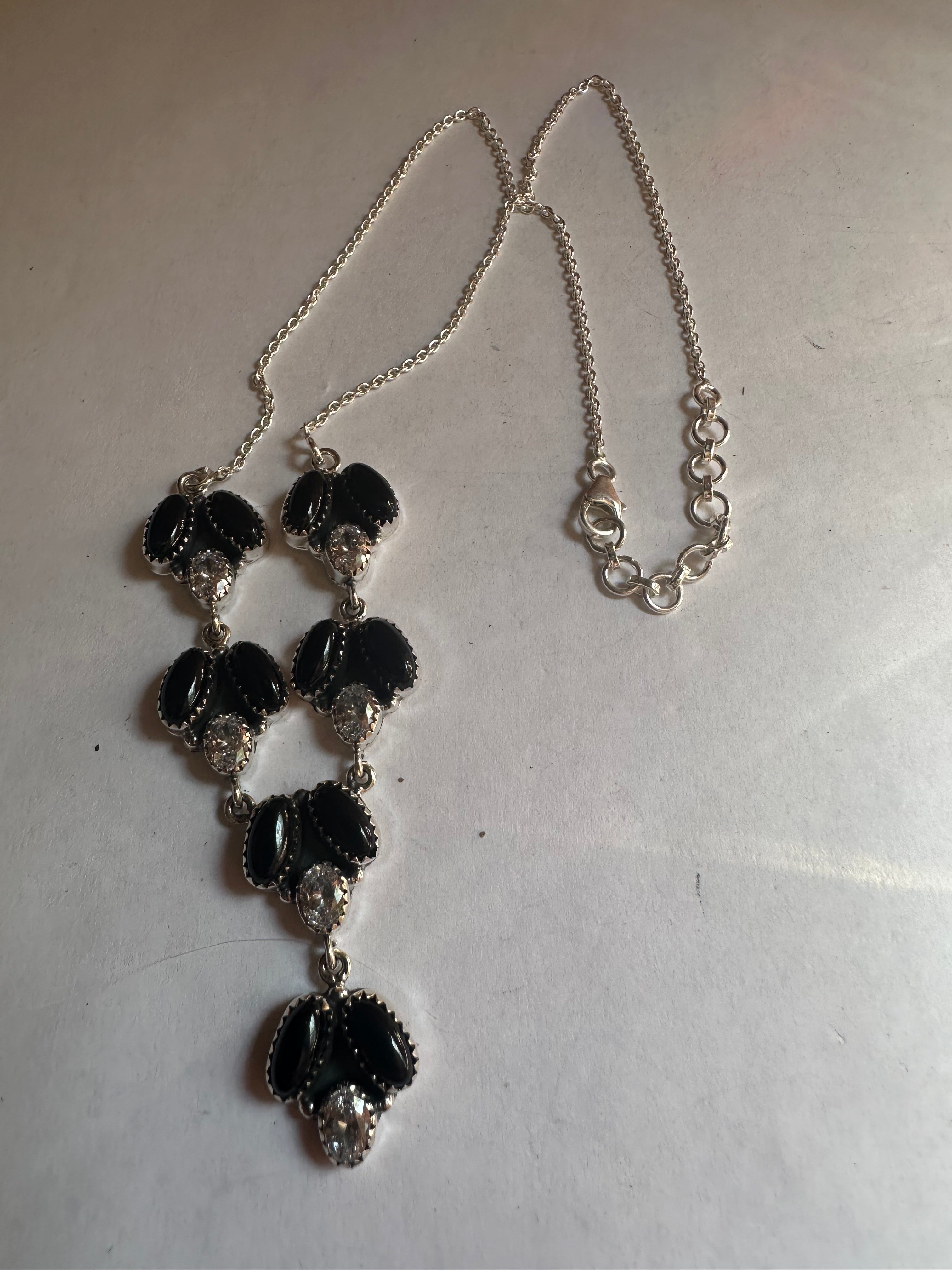 Beautiful Handmade Sterling Silver, CZ, Onyx Necklace