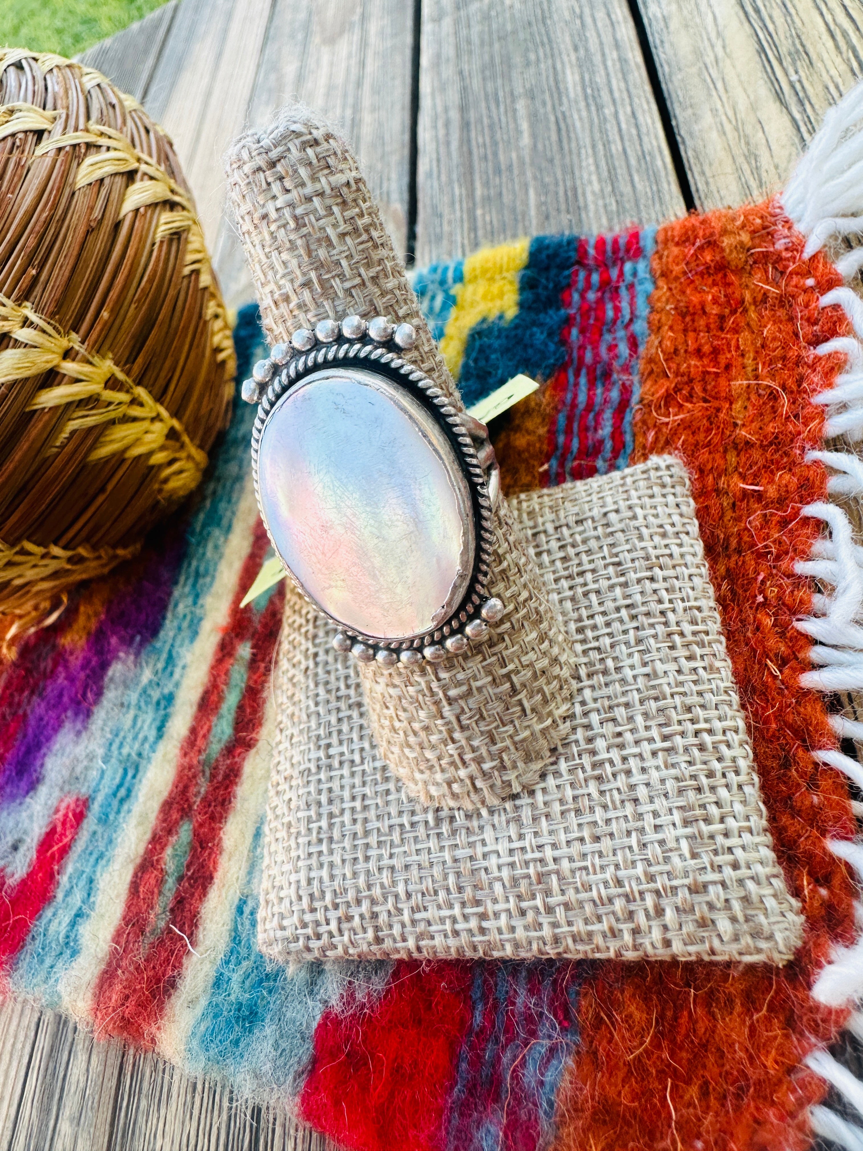 Old Pawn Handcrafted Mother of Pearl & Sterling Silver Ring Size 8