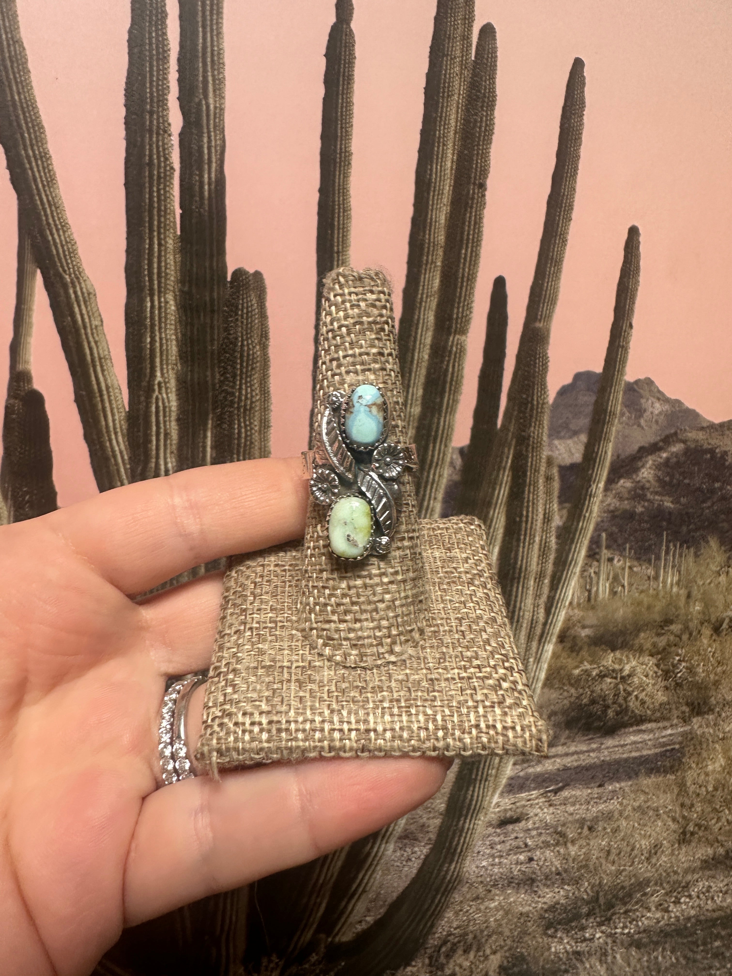 Beautiful Handmade Palomino Turquoise And Sterling Silver Adjustable 2 Stone Flower Leaf Ring