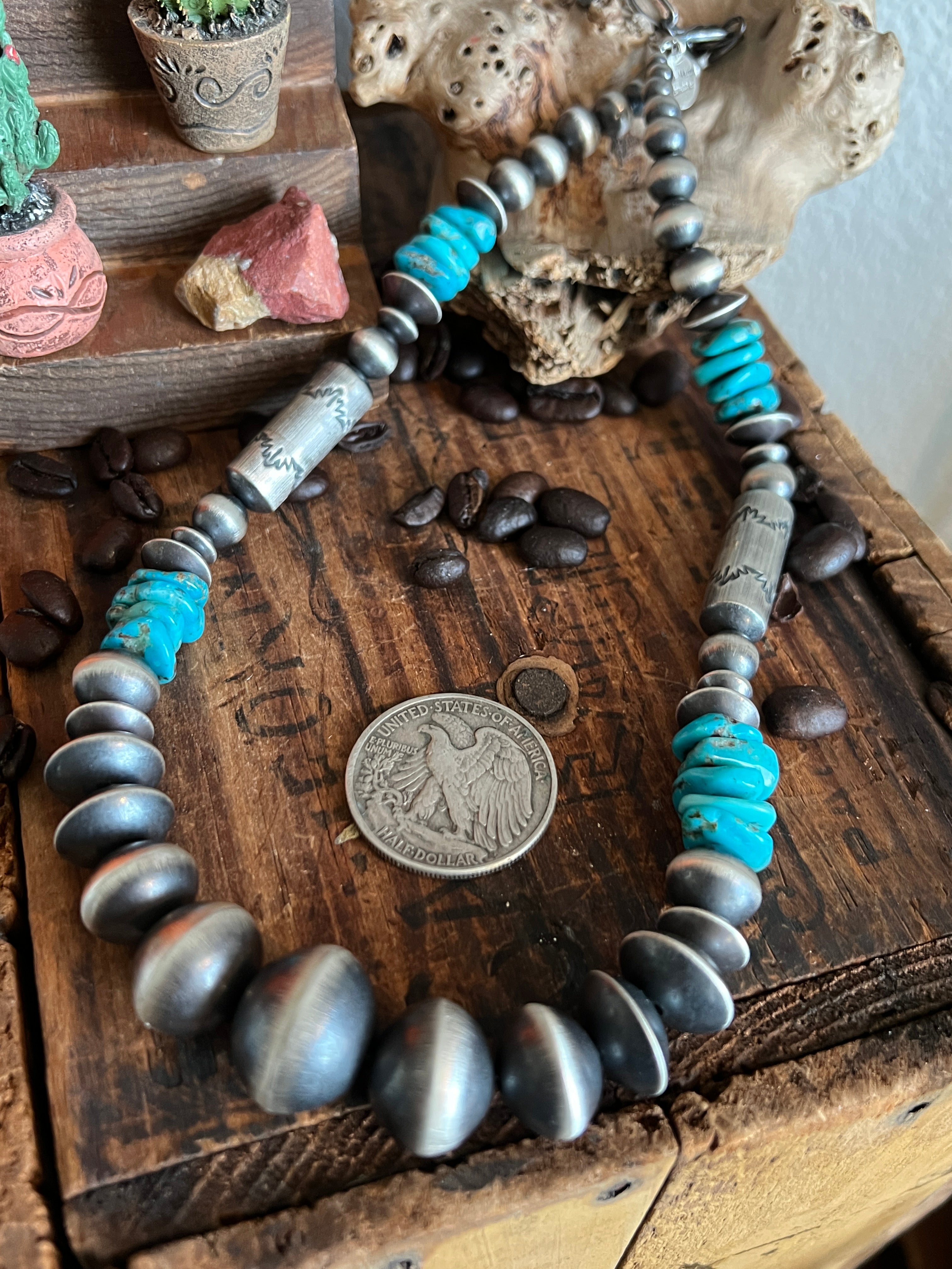 Handcrafted Sterling Silver and Kingman Turquoise Beaded Necklace by Rose Martin, 20 + 1-1/2 inches