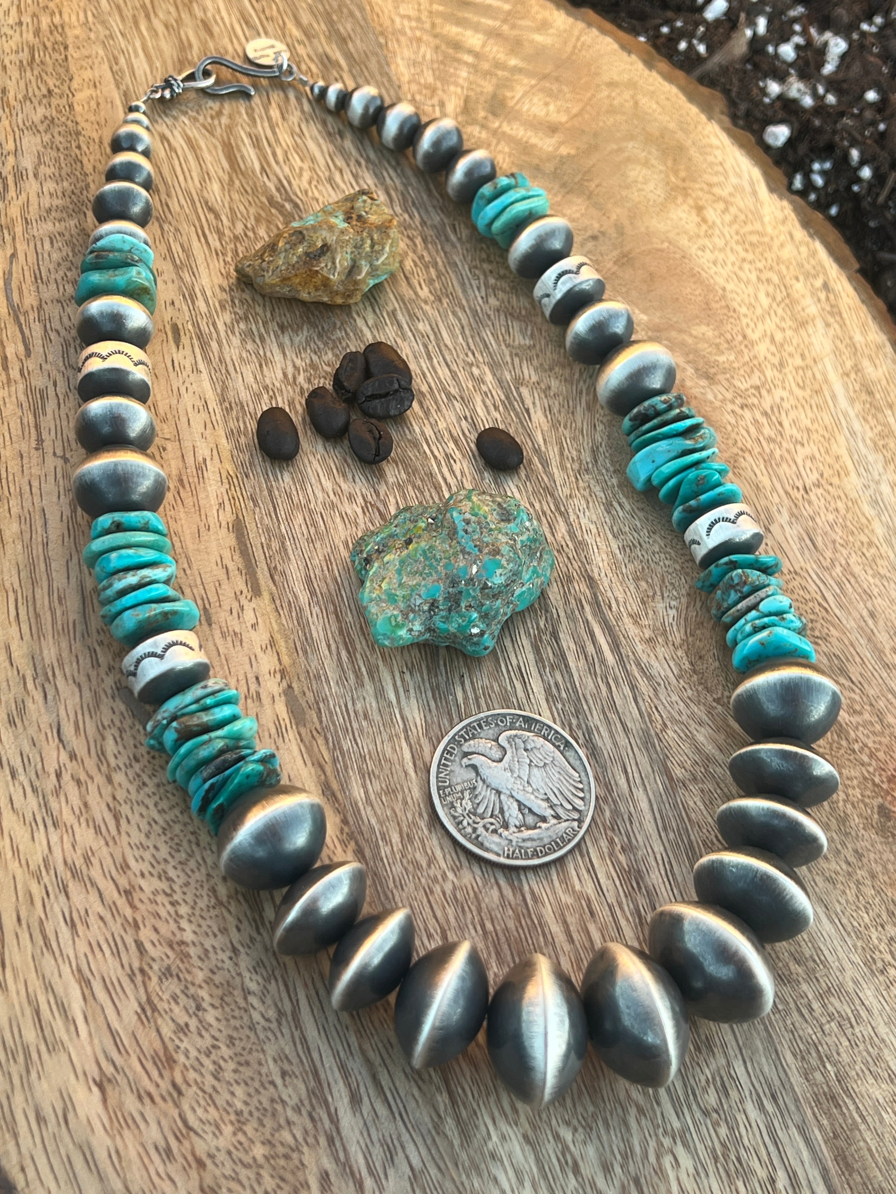 Handcrafted Chunky Sterling Silver and Kingman Turquoise Beaded Necklace by Rose Martin, 21 inches