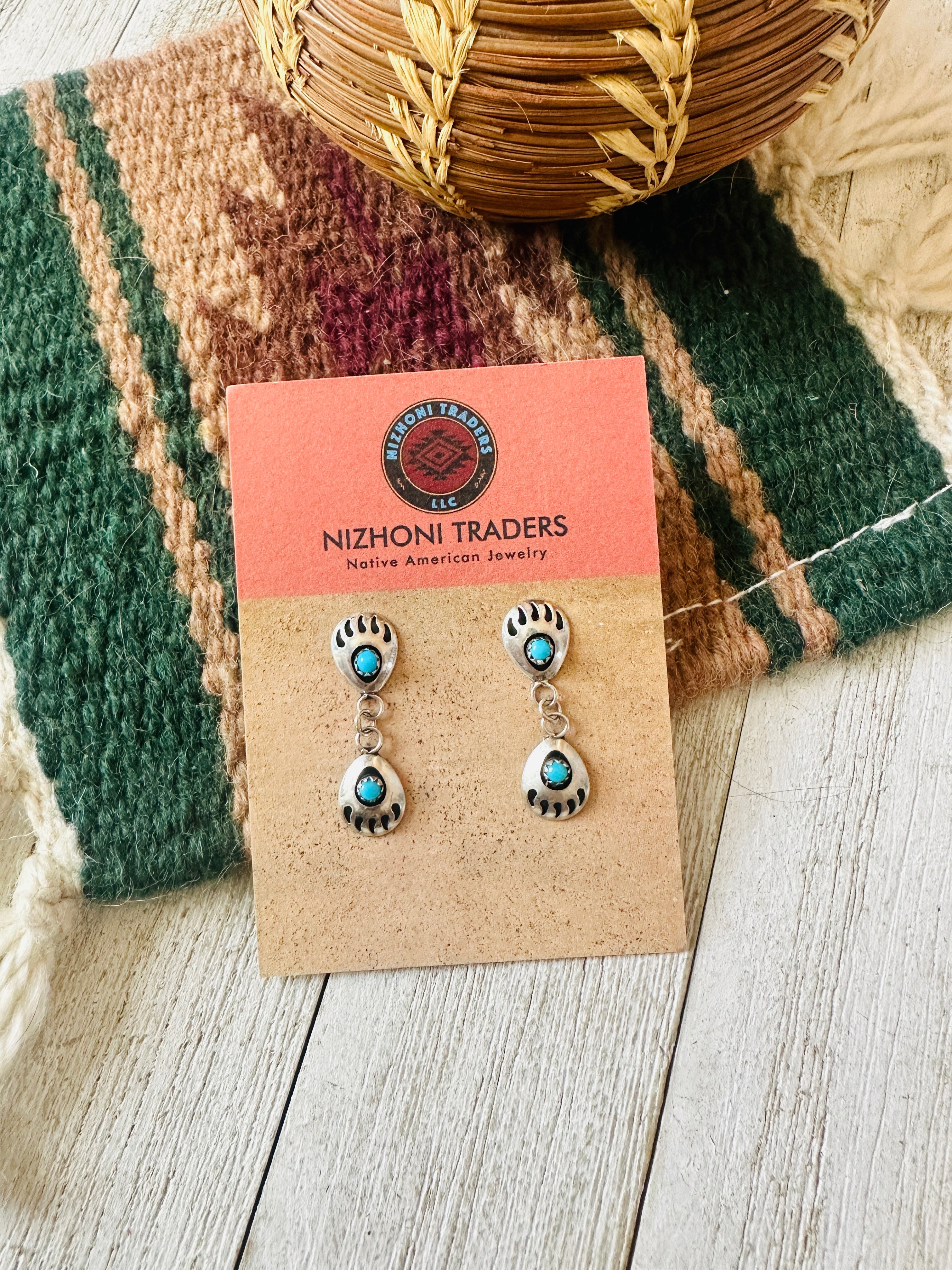 Navajo Turquoise & Sterling Silver Bear Paw Dangle Earrings