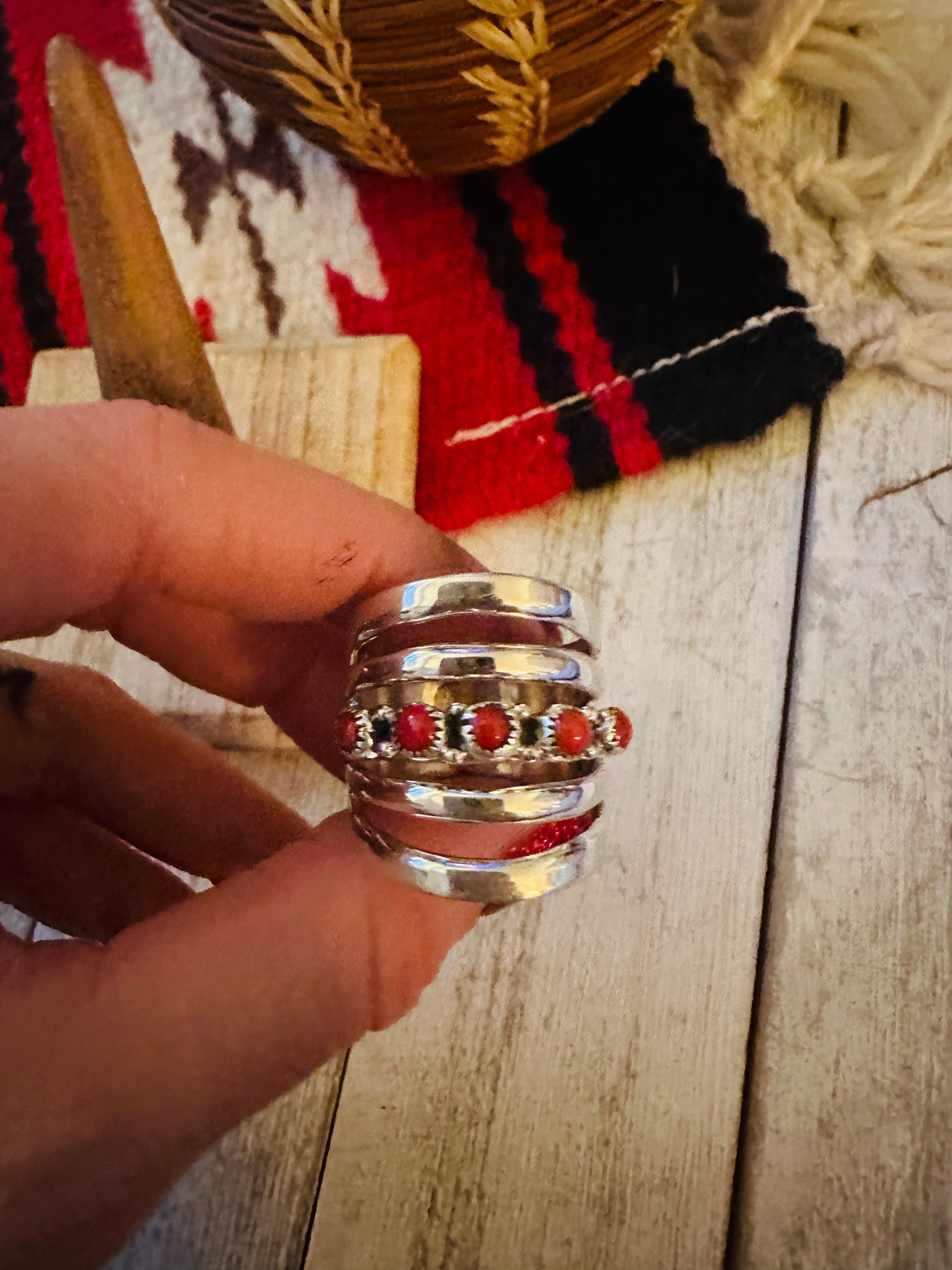 Navajo Coral & Sterling Silver Bar Ring