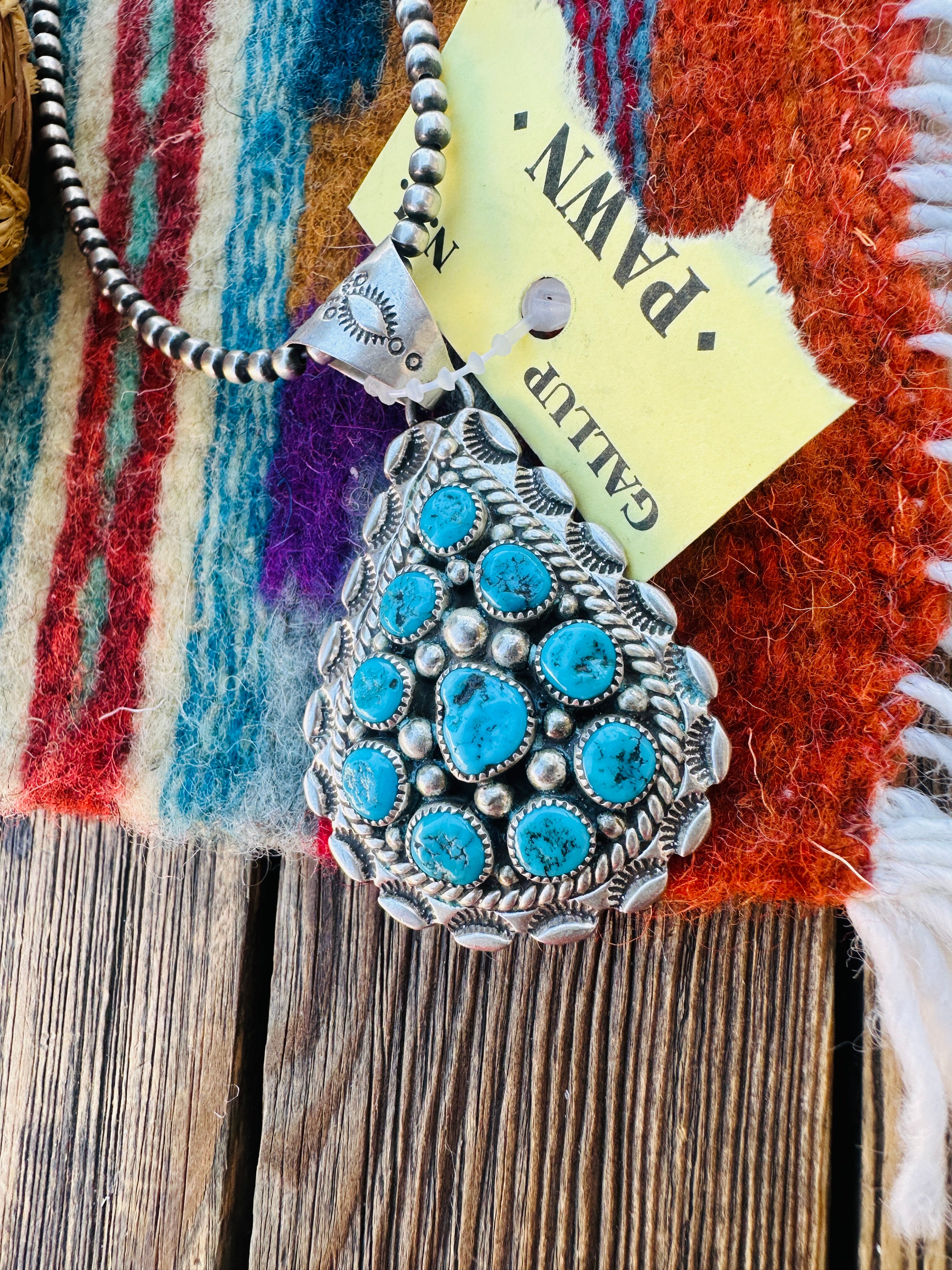 Old Pawn Handcrafted Turquoise and Sterling Silver Cluster Pendant