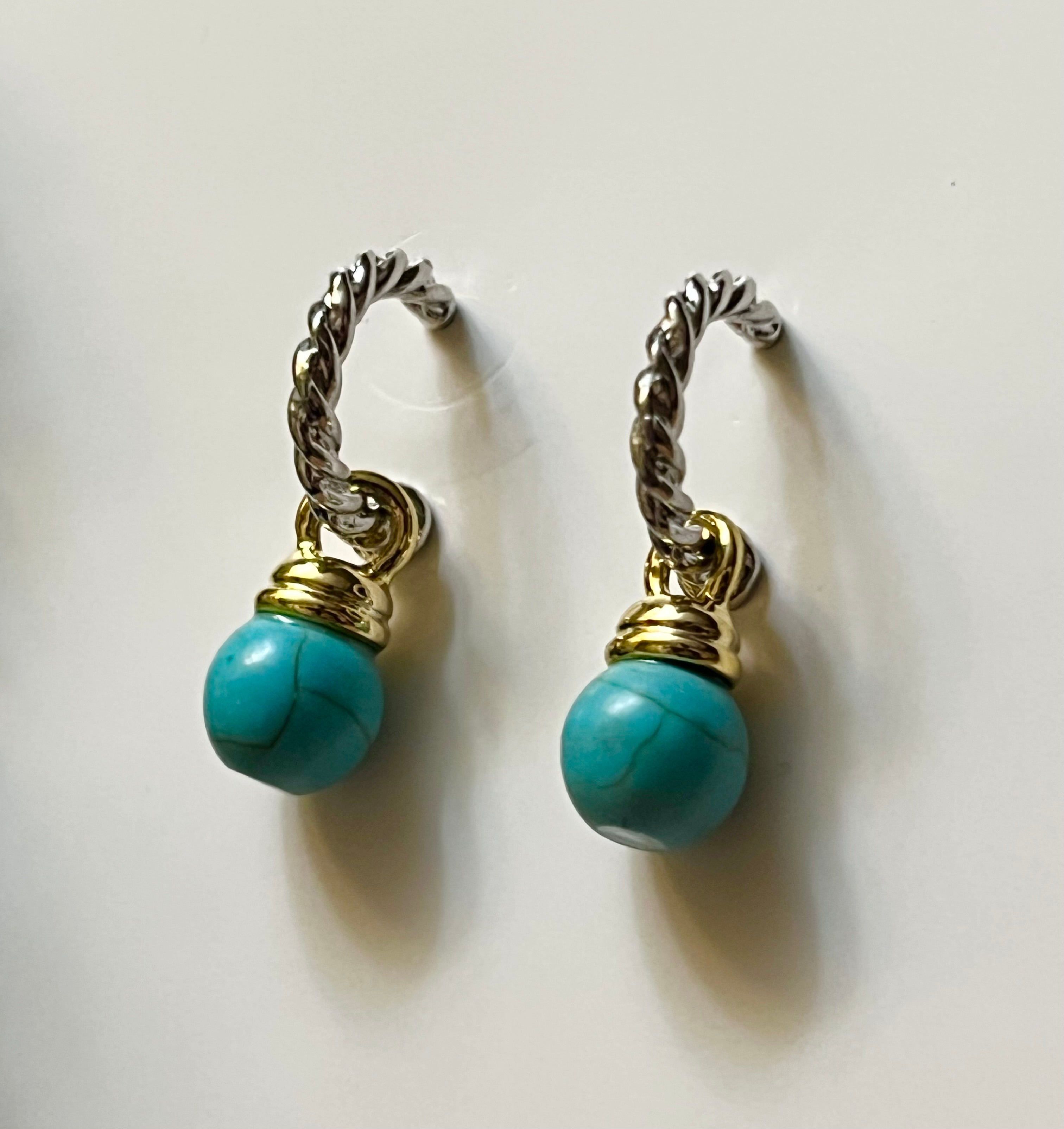 Silver & 14k Gold Plated Two Tone Turquoise Colored Bead Cable Hoop Earrings