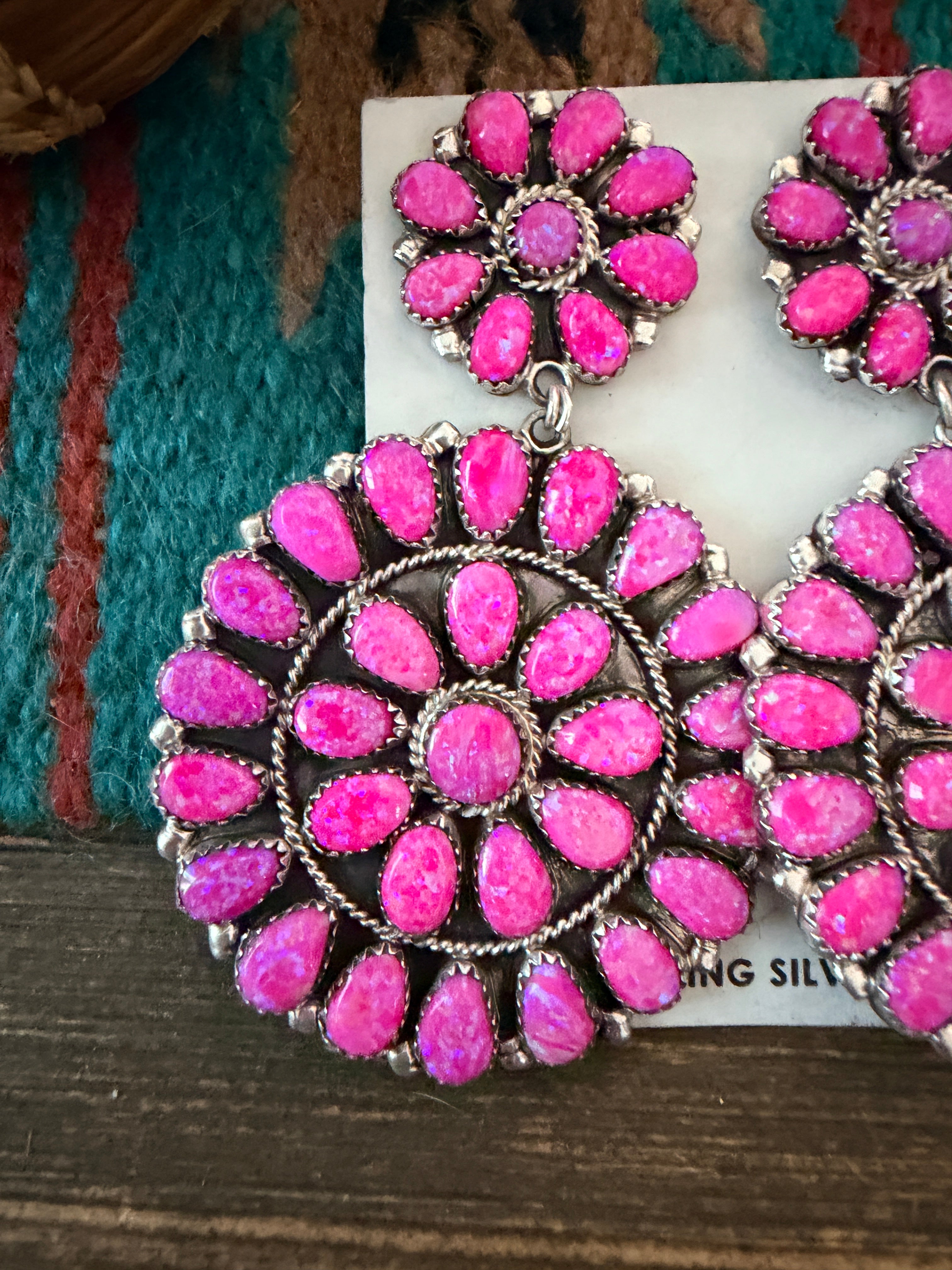 Handcrafted Pink Opal & Sterling Silver Cluster Dangle Earrings by Danny L. Wauneka
