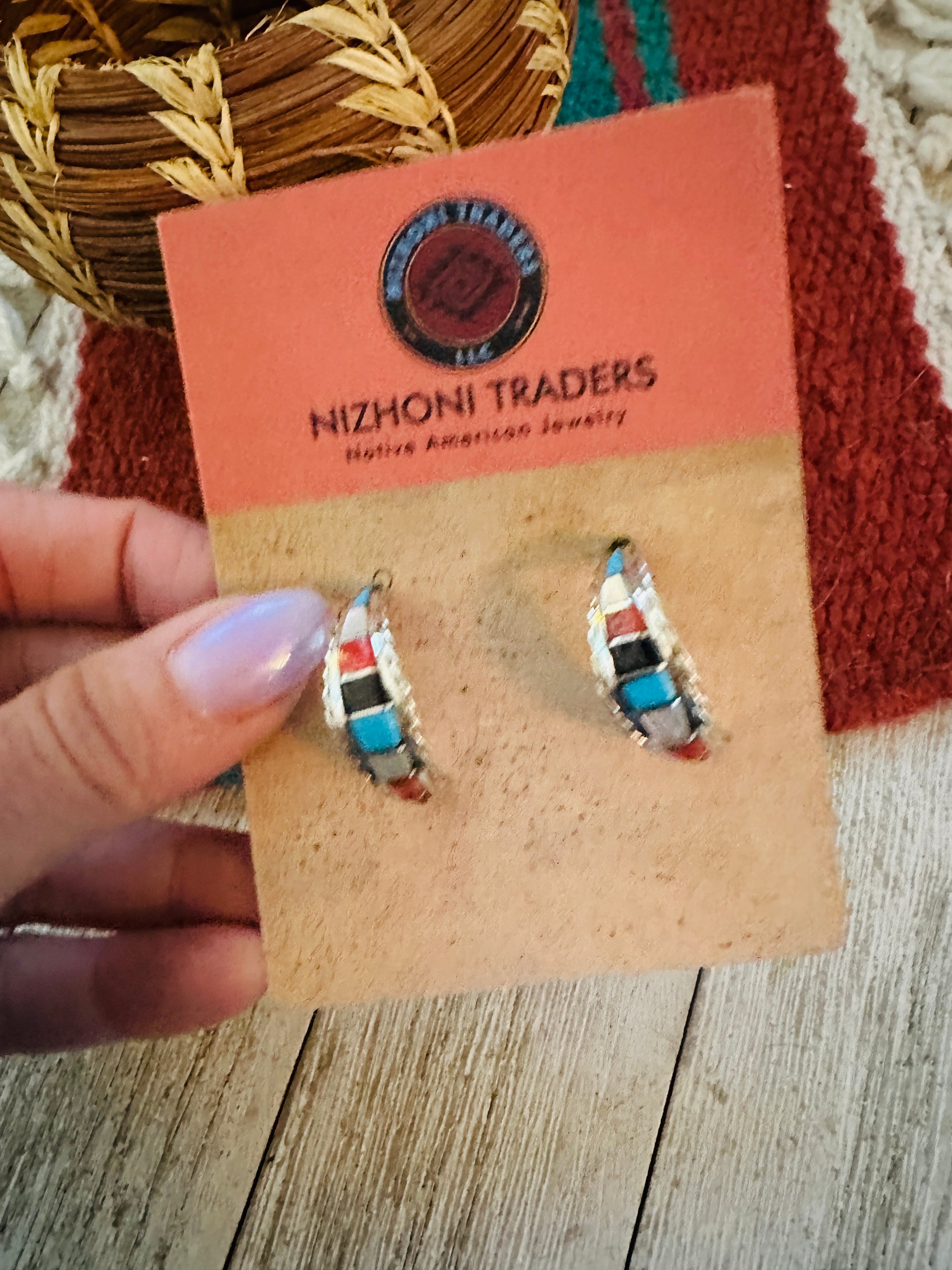 Handcrafted Sterling Silver & Multi Stone Inlay Hoop Earrings