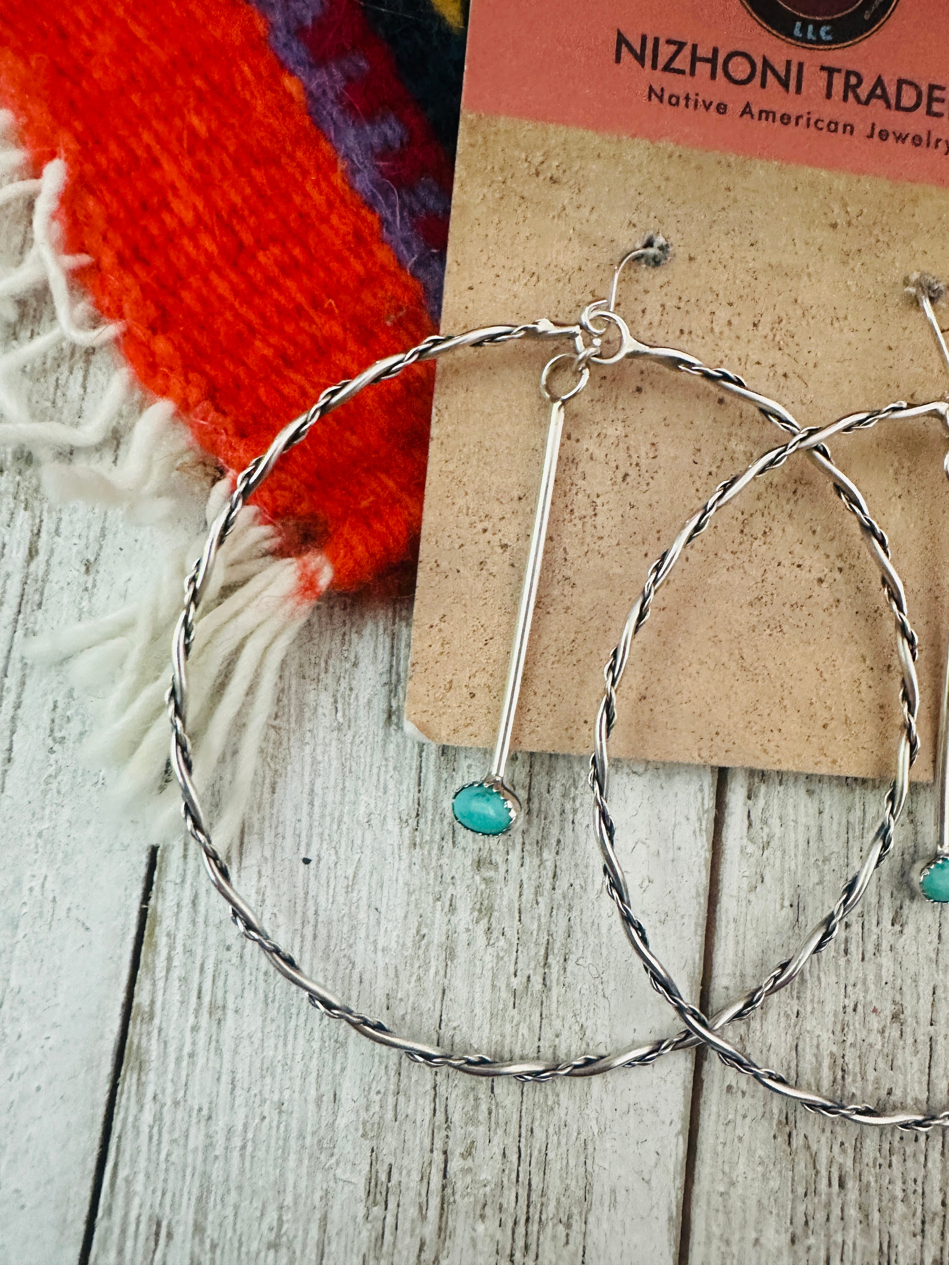 Navajo Turquoise & Sterling Silver Dangle Hoop Earrings