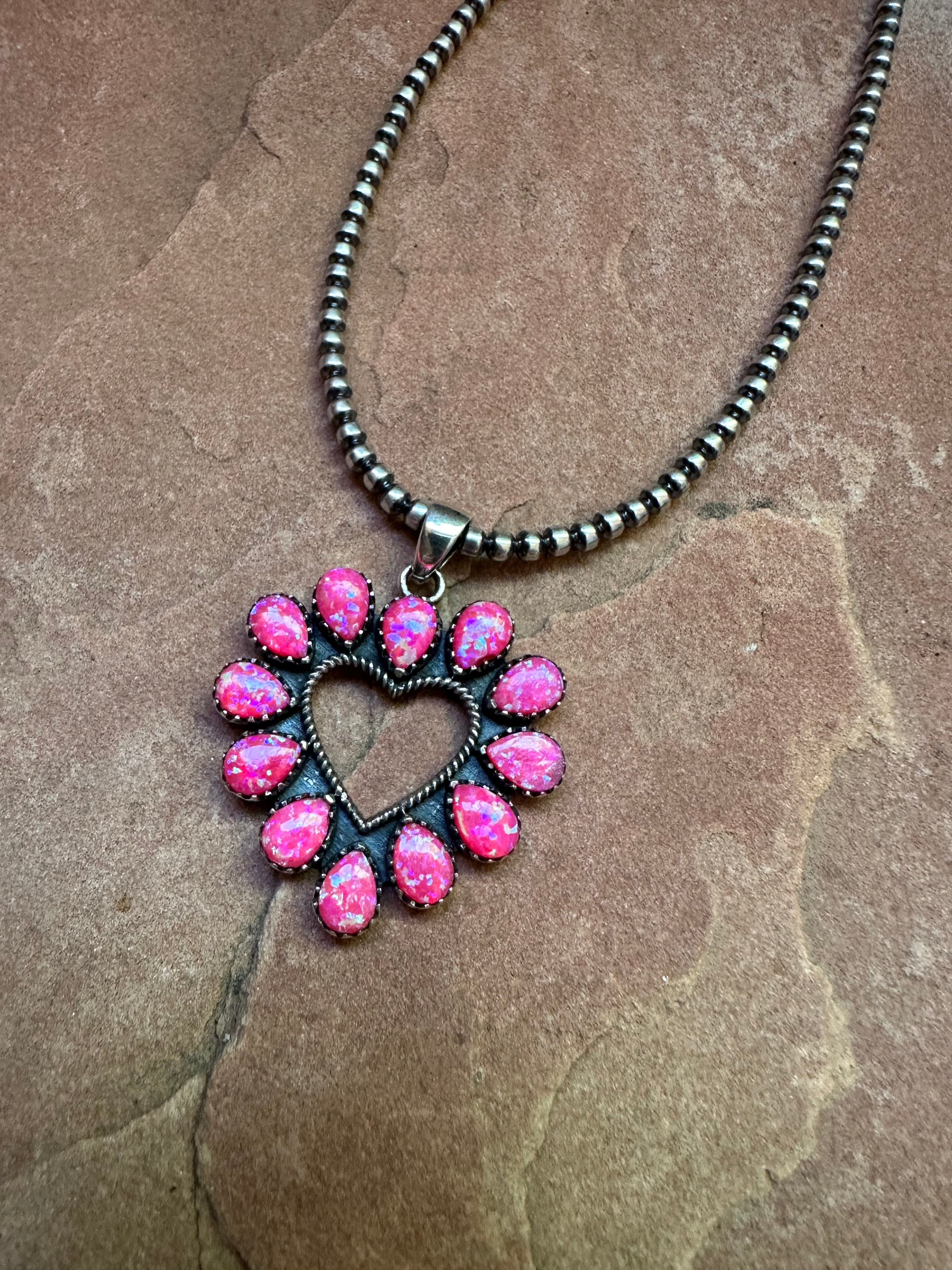 Beautiful Handmade Sterling Silver & Pink Fire Opal Heart Pendant