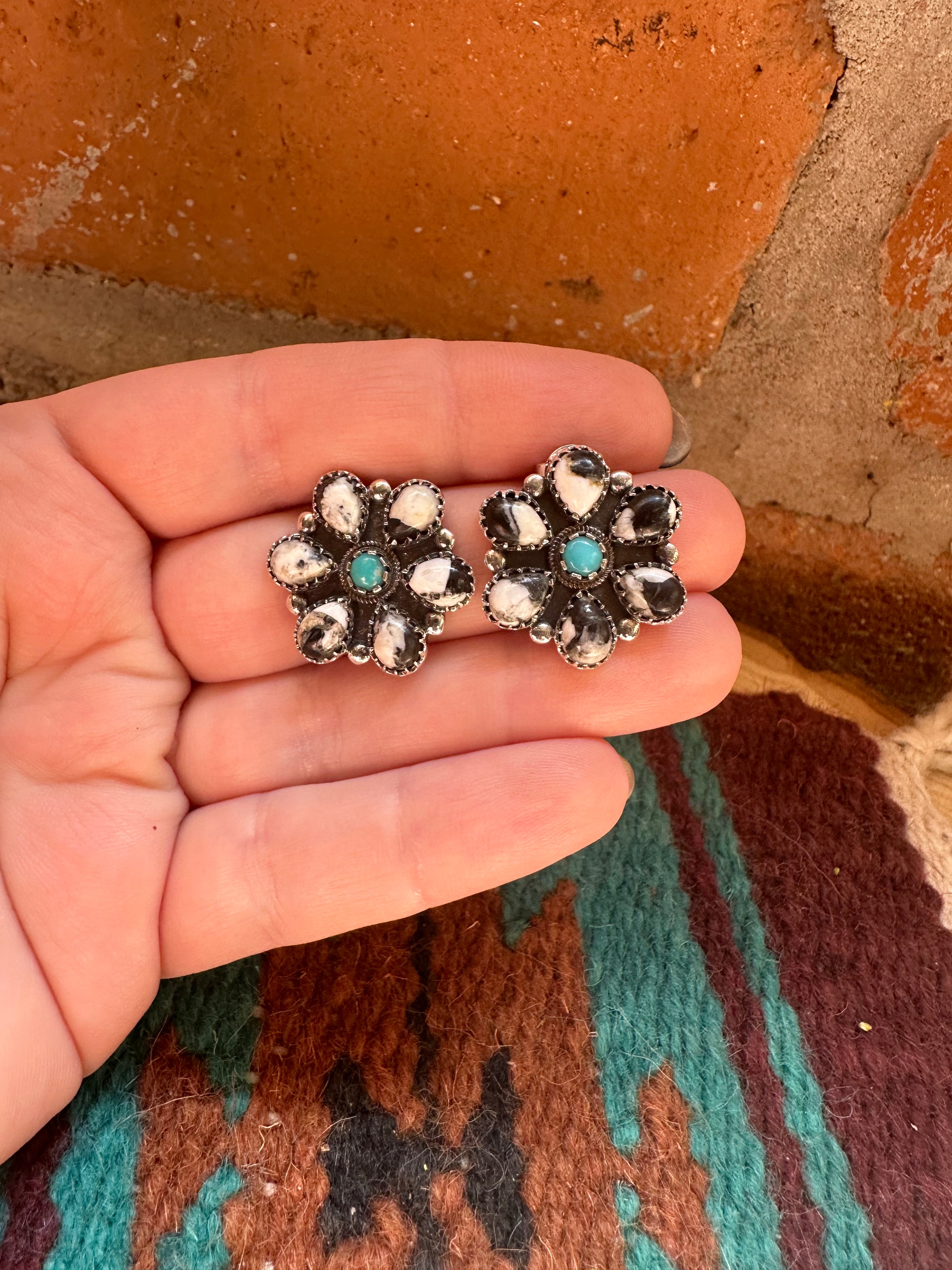 Handmade Sterling Silver, White Buffalo & Turquoise Post Earrings Signed Nizhoni