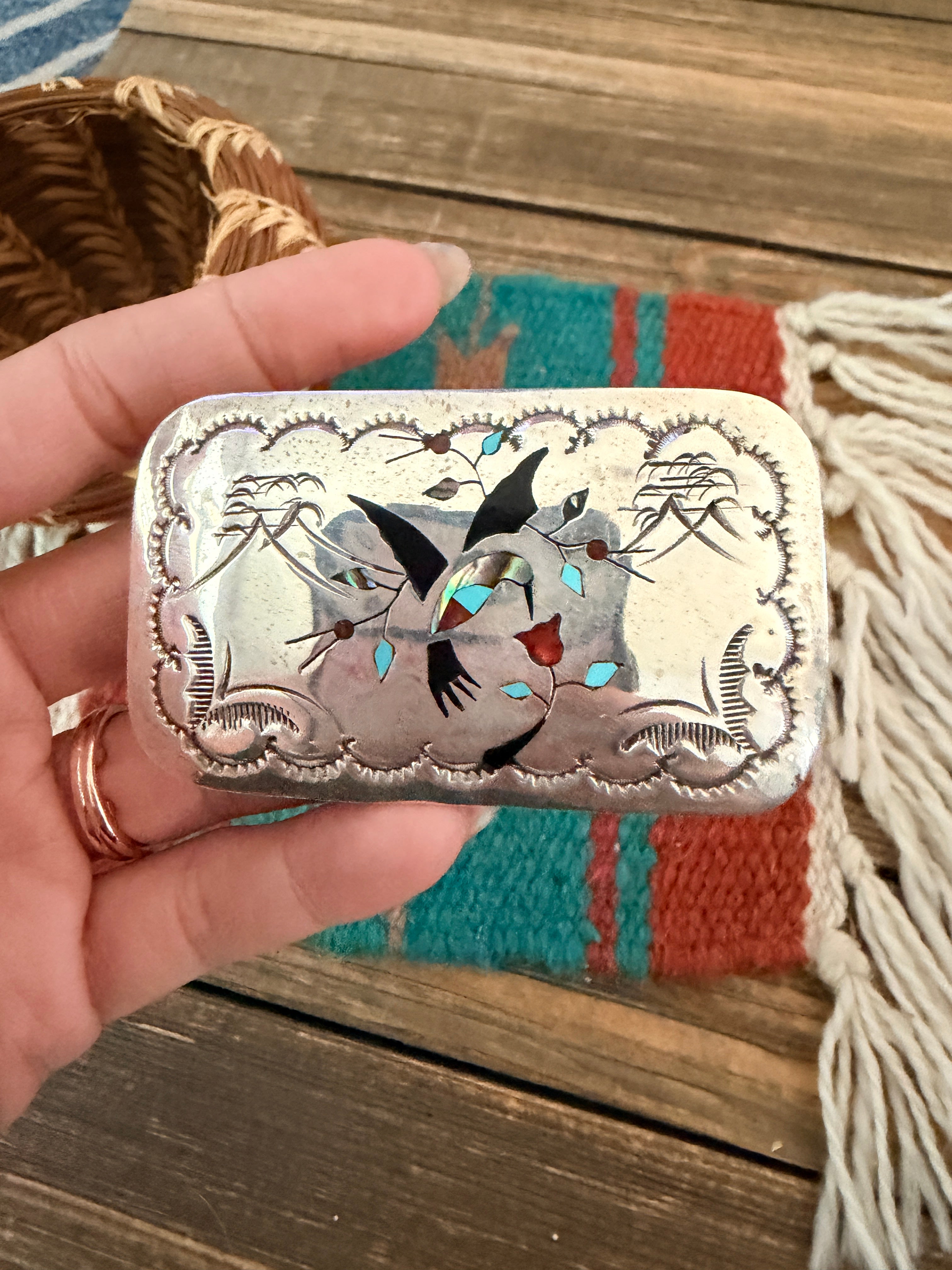 Handcrafted Vintage Old Pawn Sterling Silver and Multi Stone Inlay Hummingbird Belt Buckle