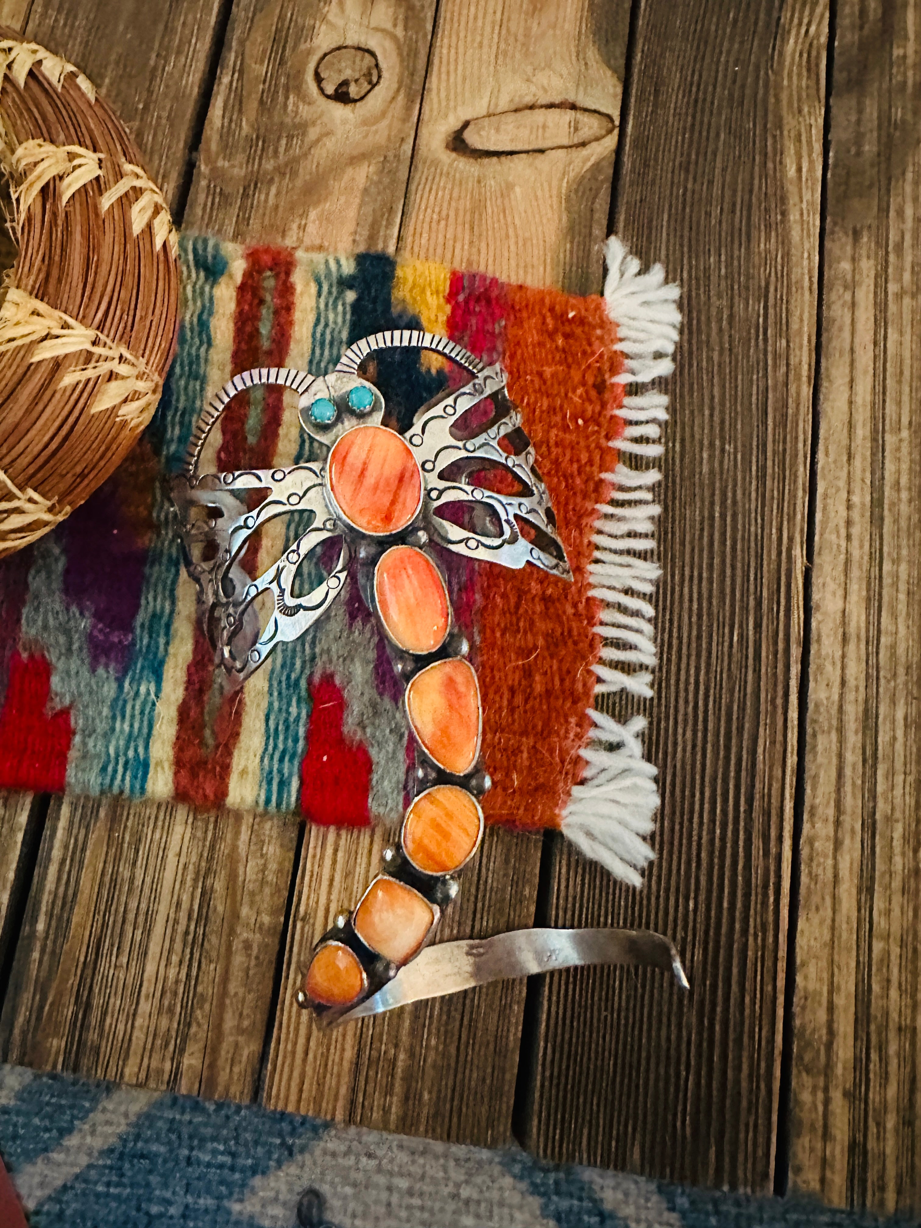 Handcrafted Sterling Silver, Spiny Oyster & Turquoise Dragonfly Cuff Bracelet by Russell Sam