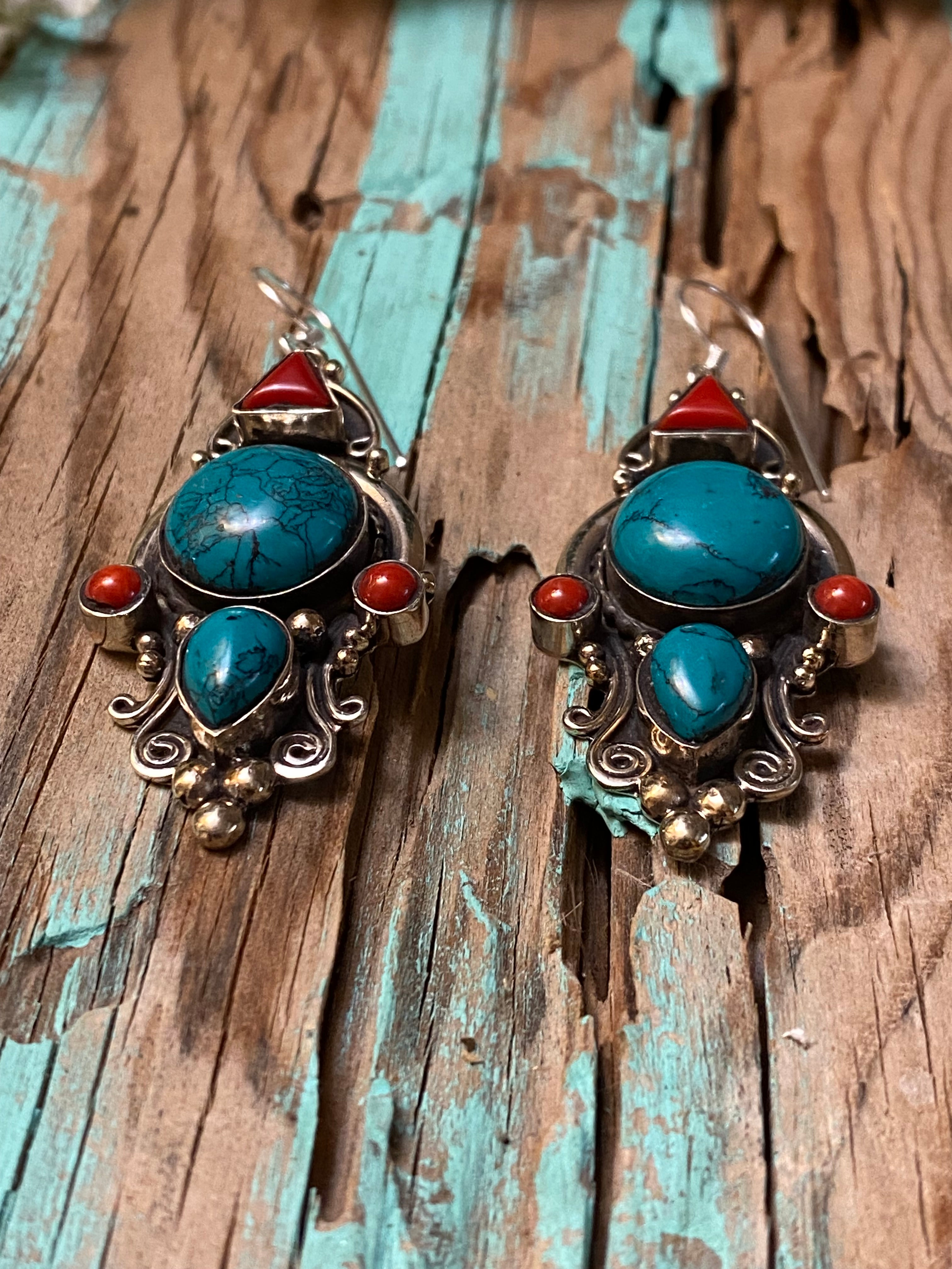 Silver Elegant Turquoise & Red Coral Dangle Statement Earrings