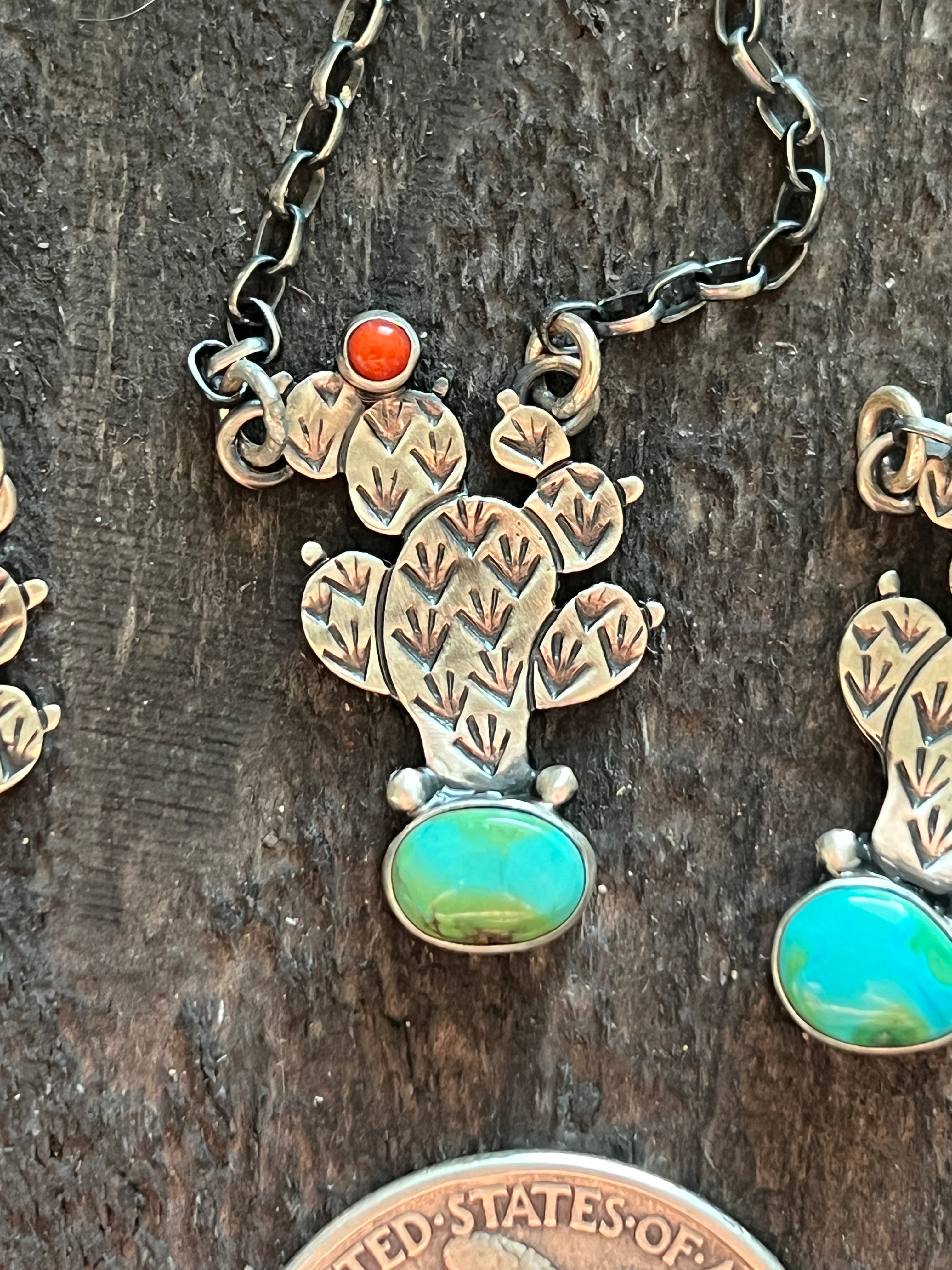 Handcrafted Petite Sterling Silver, Turquoise and Coral Cactus Link Chain Necklace, 16” + 1.5”