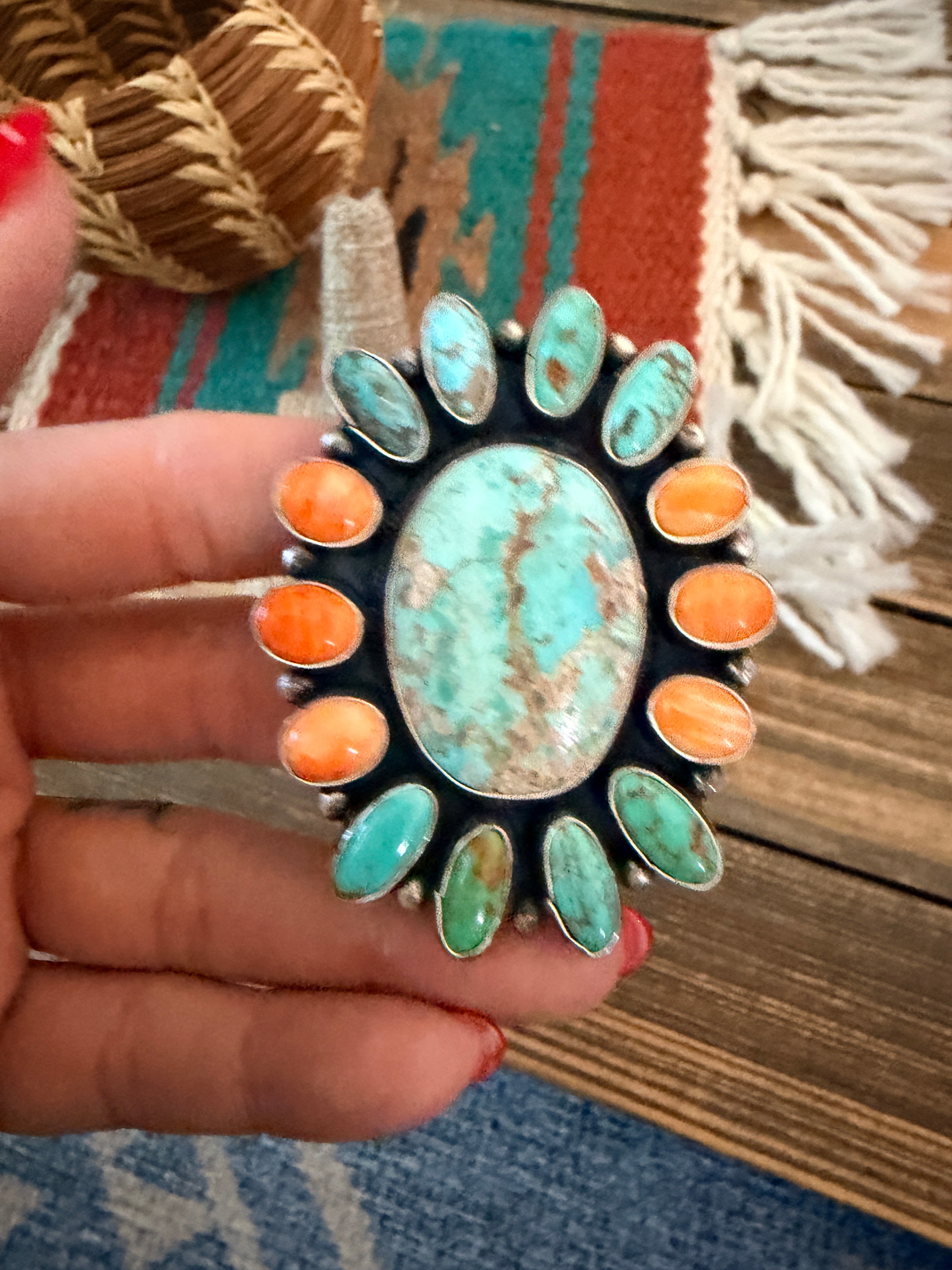 Handcrafted Spiny Oyster, Turquoise & Sterling Silver Cluster Ring by Sheila Becenti Size 11.5