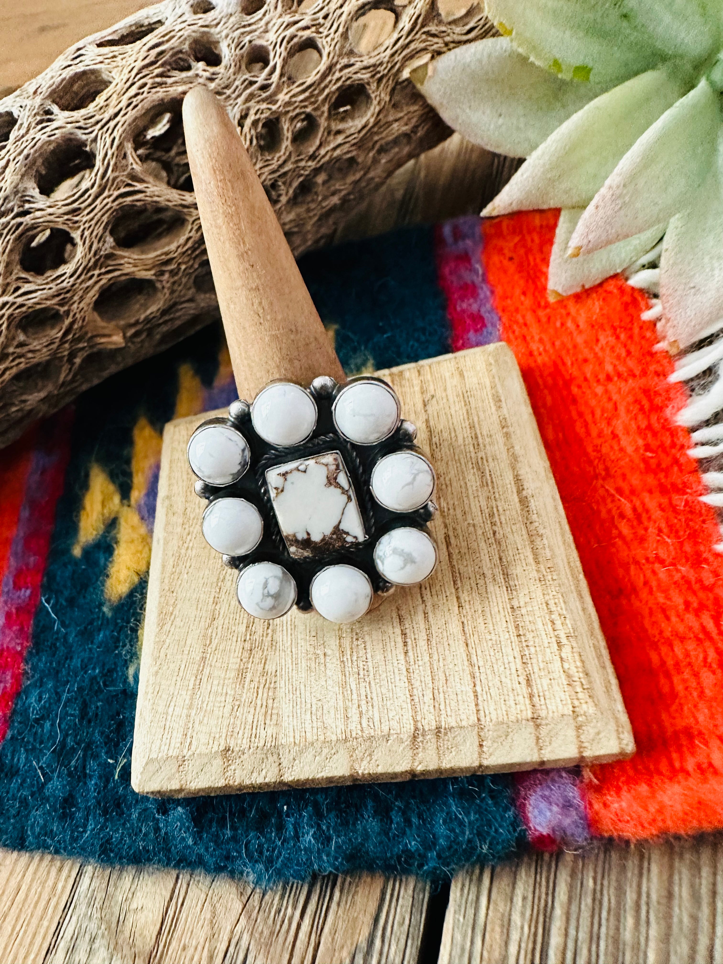 Navajo Sterling Silver & White Buffalo Cluster Ring Size 10