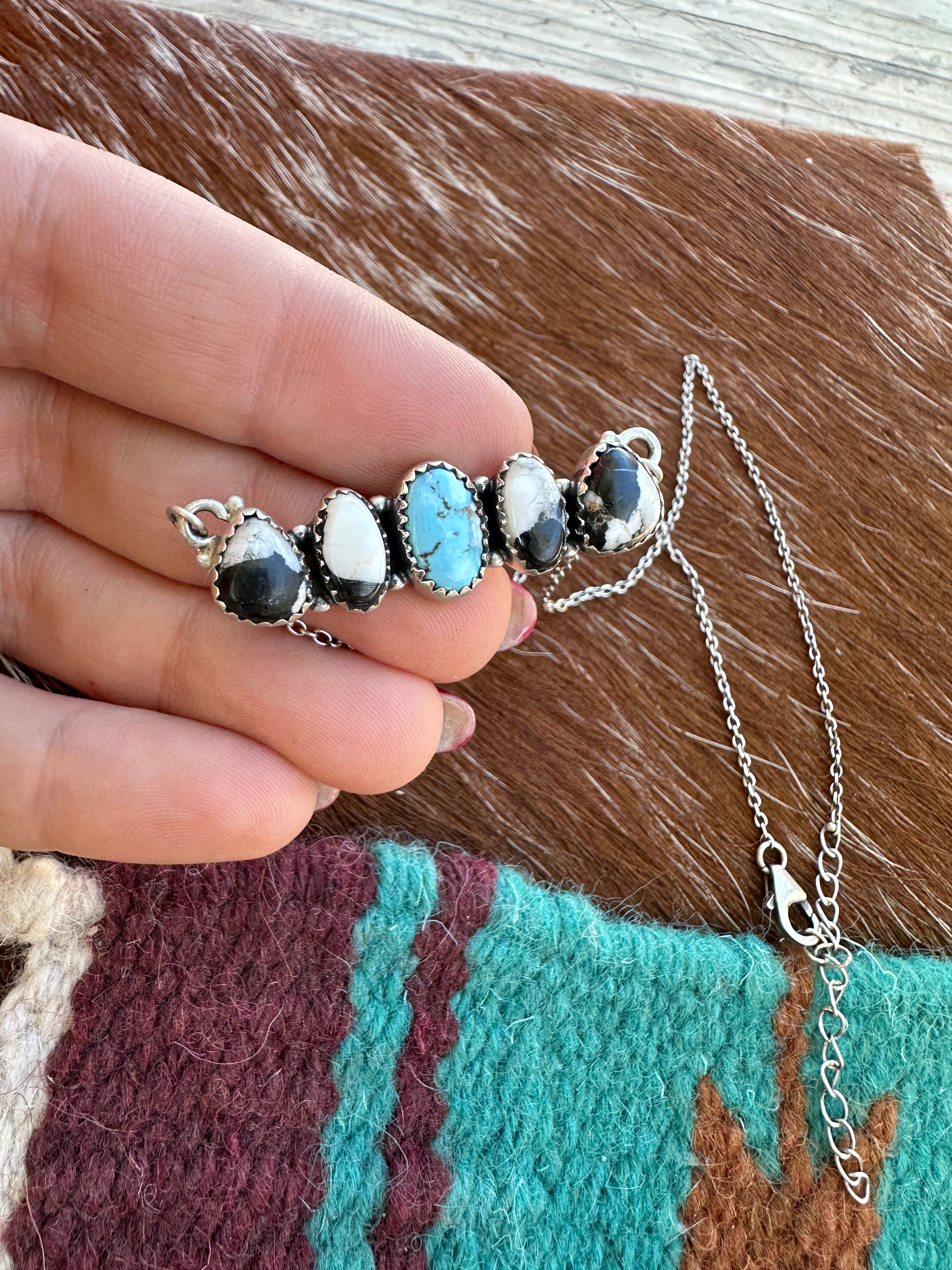 Handmade Sterling Silver, Golden Hills Turquoise & White Buffalo Bar Necklace