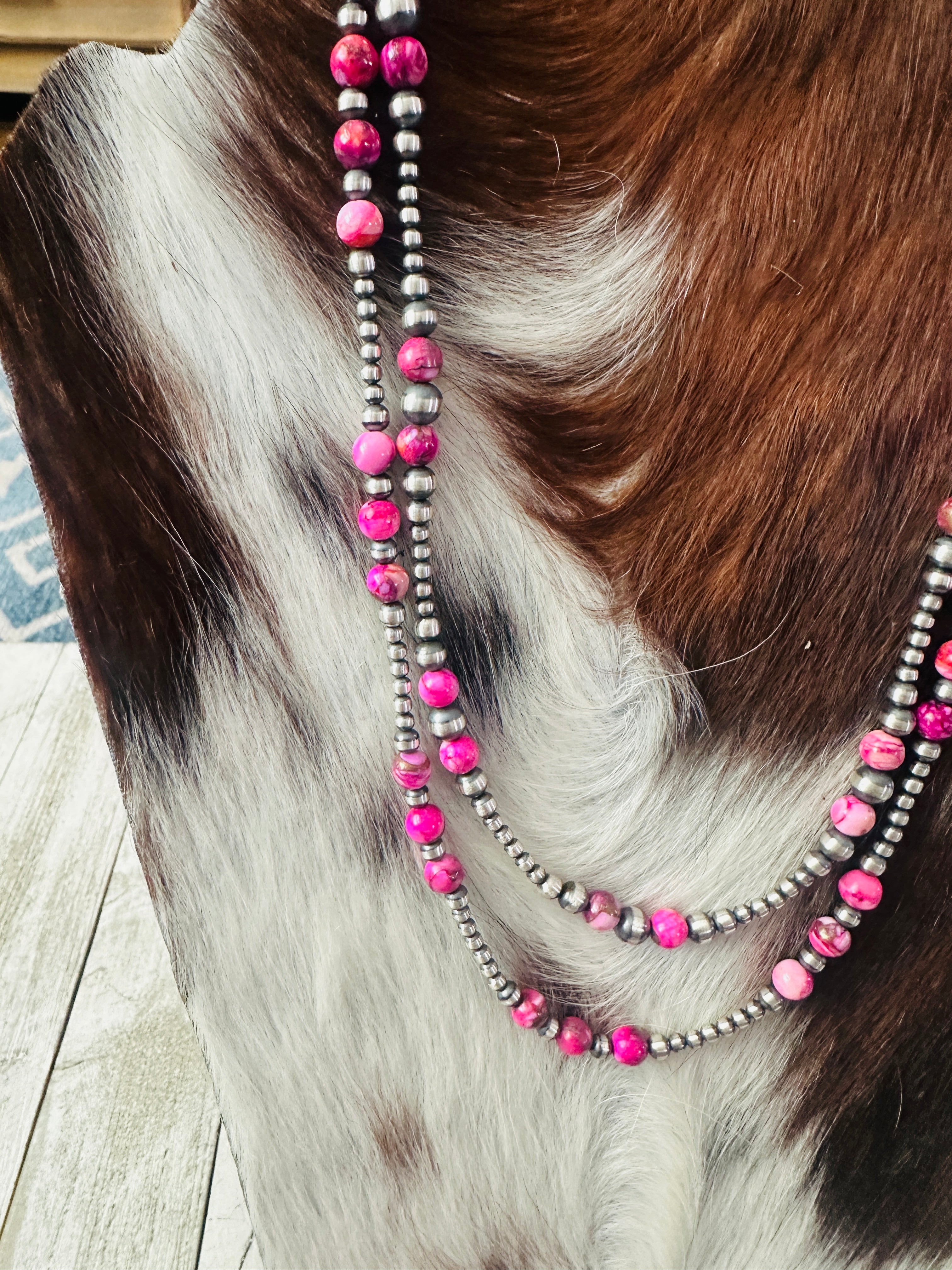 Handcrafted Sterling Silver & Pink Mojave Beaded Necklace