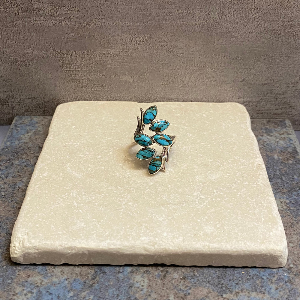 Sterling Silver Six Leaf Copper Turquoise Ring Size 8