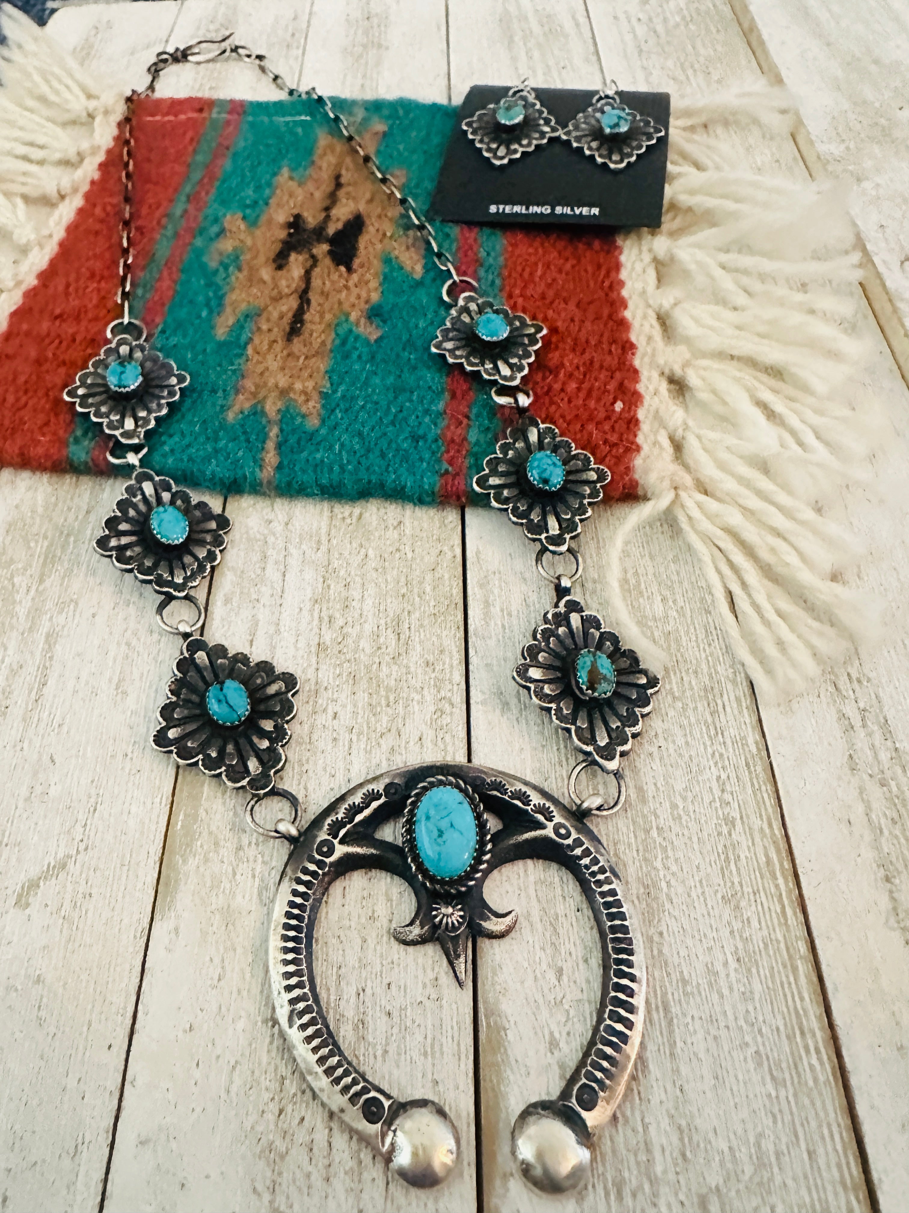 Navajo Sterling Silver & Turquoise Naja Necklace Set