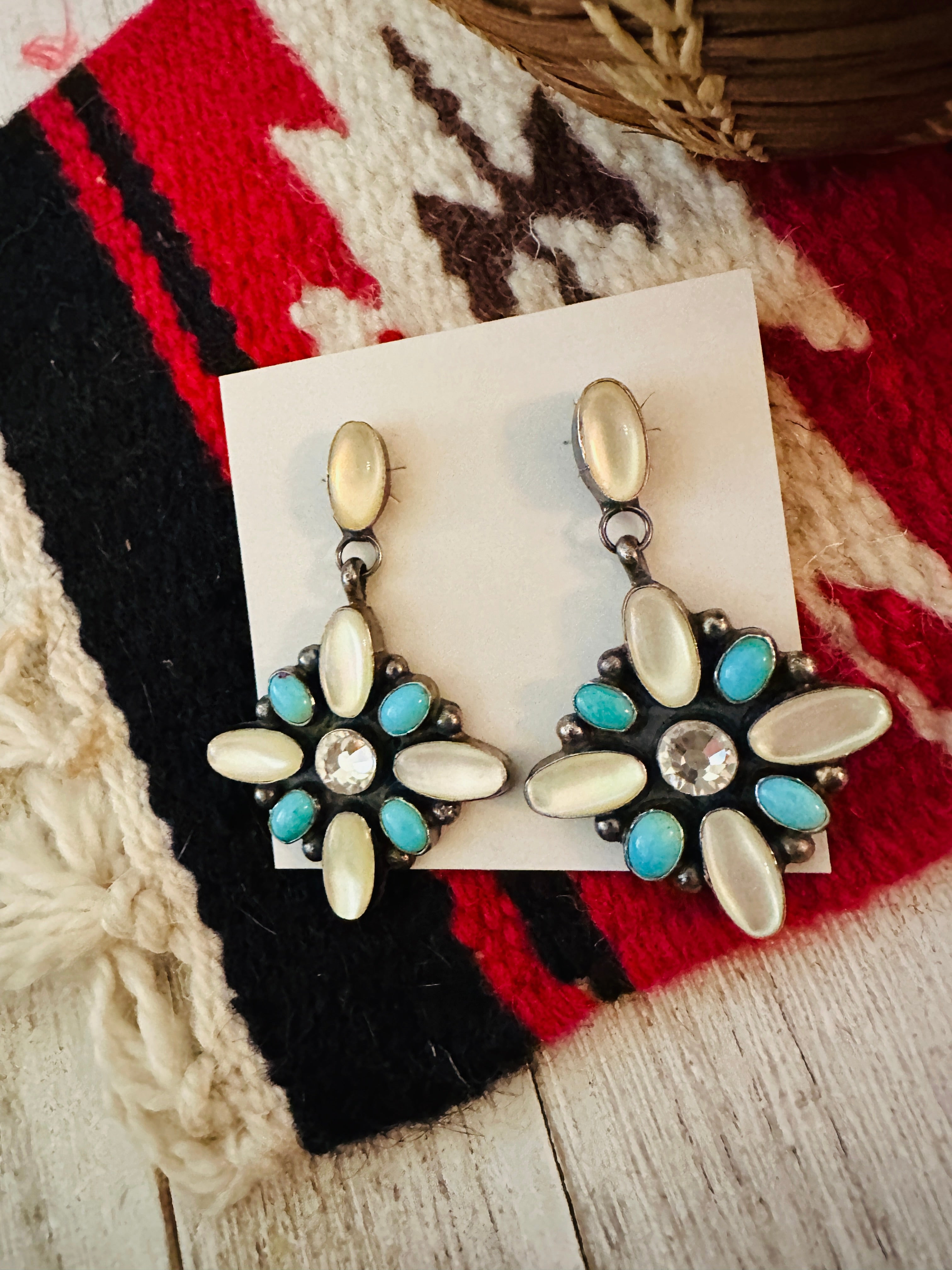 Navajo Mother of Pearl, Turquoise, CZ & Sterling Silver Dangle Earrings