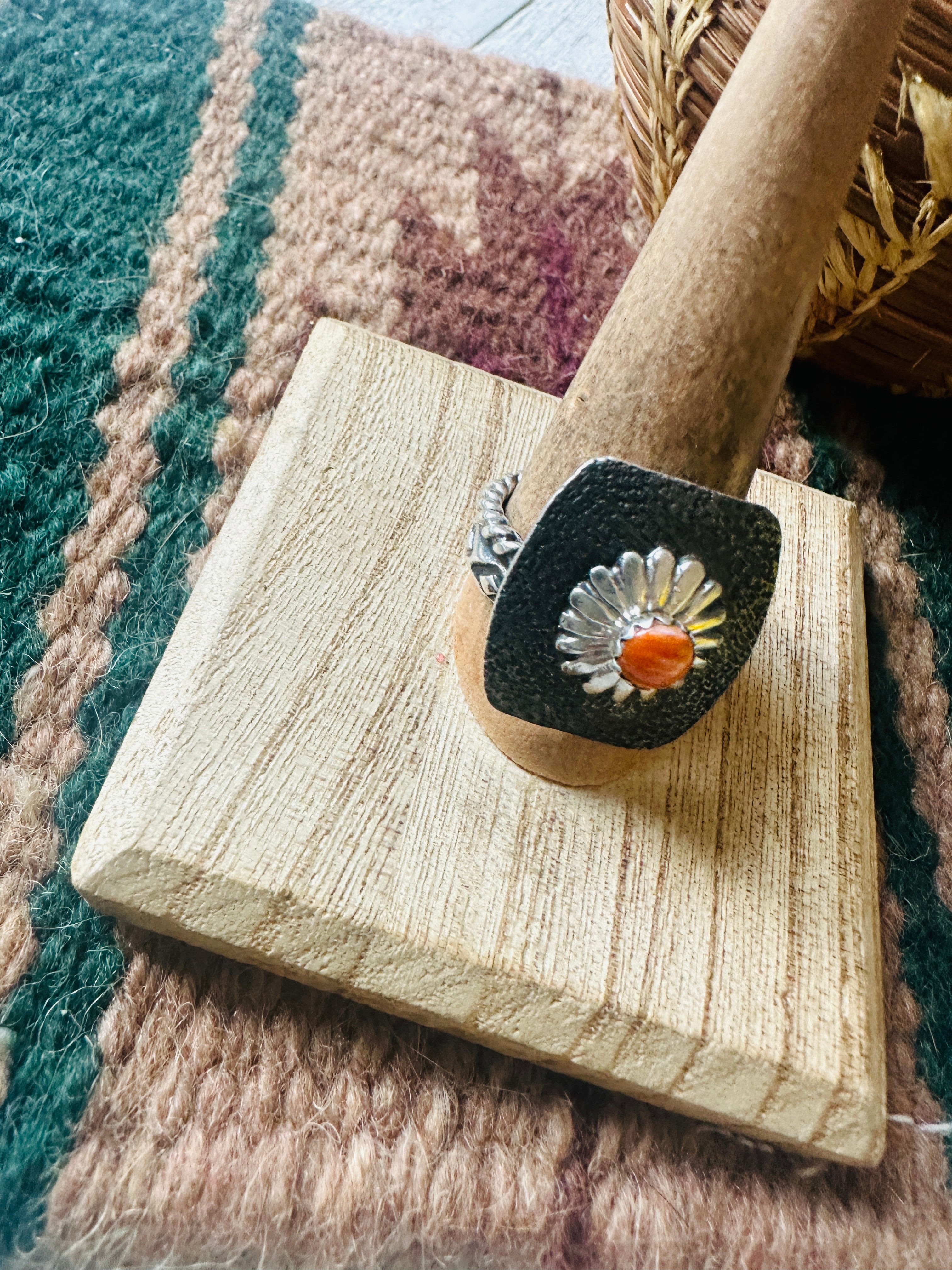 Navajo Sterling Silver & Orange Spiny Concho Adjustable Ring