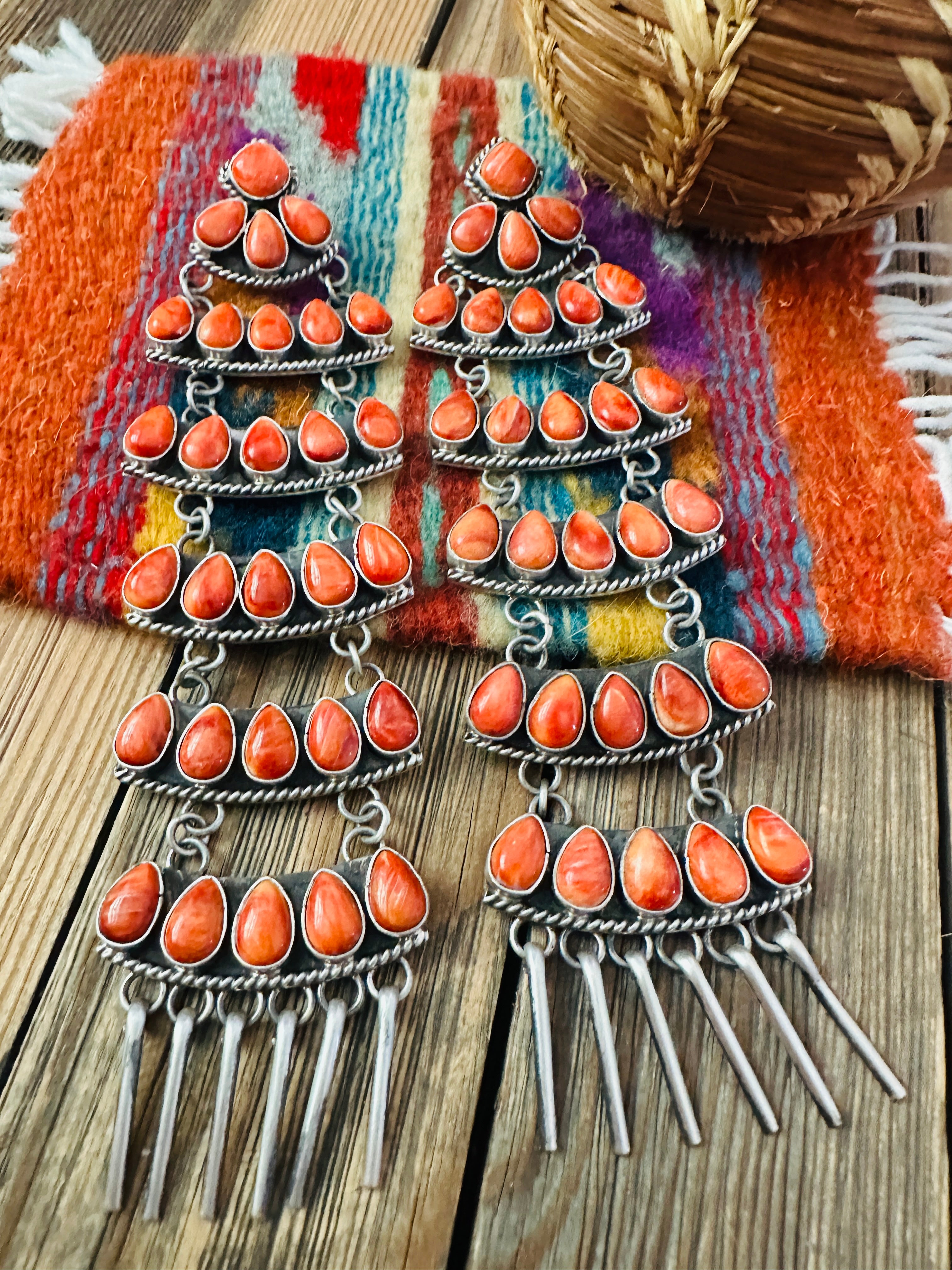 Handcrafted Orange Spiny Oyster & Sterling Silver Chandelier Dangle Earrings by Charles Johnson