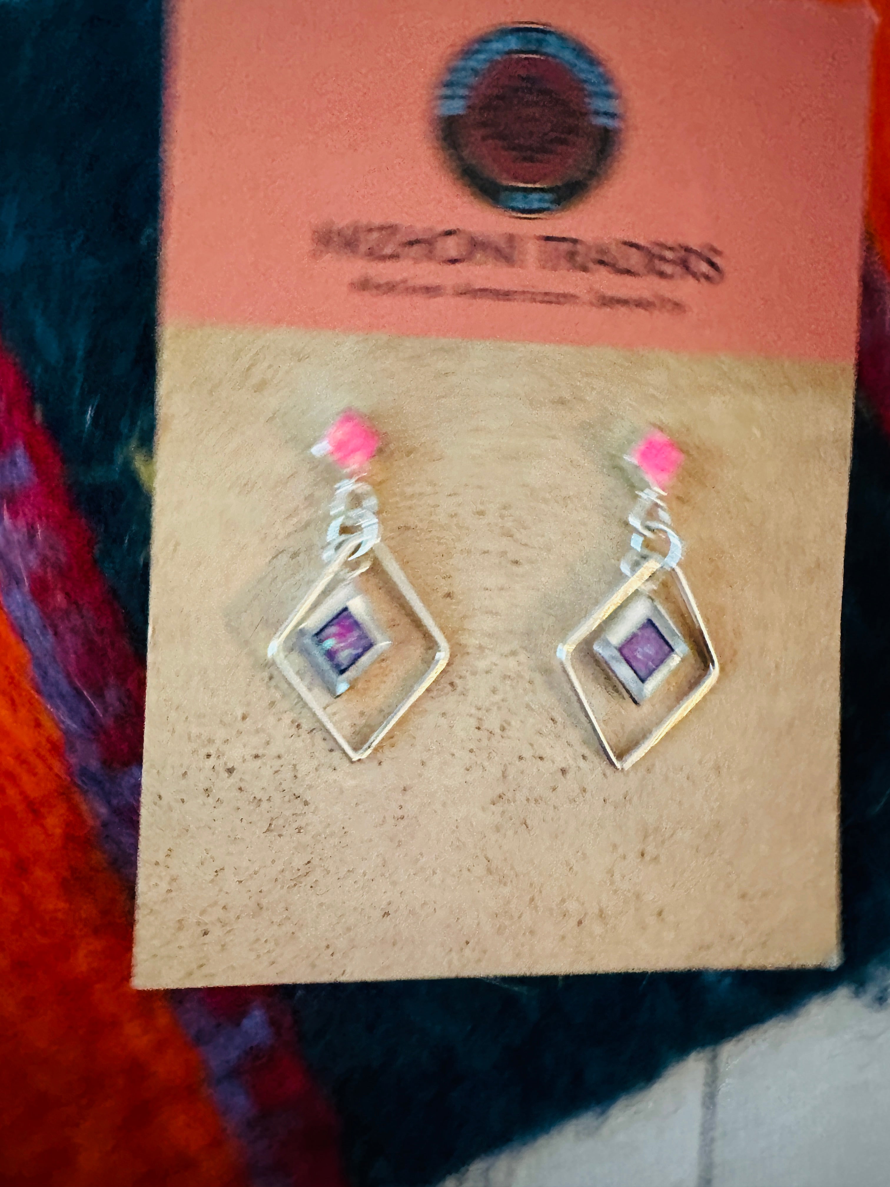 Zuni Sterling Silver & Pink Opal Diamond Dangle Earrings