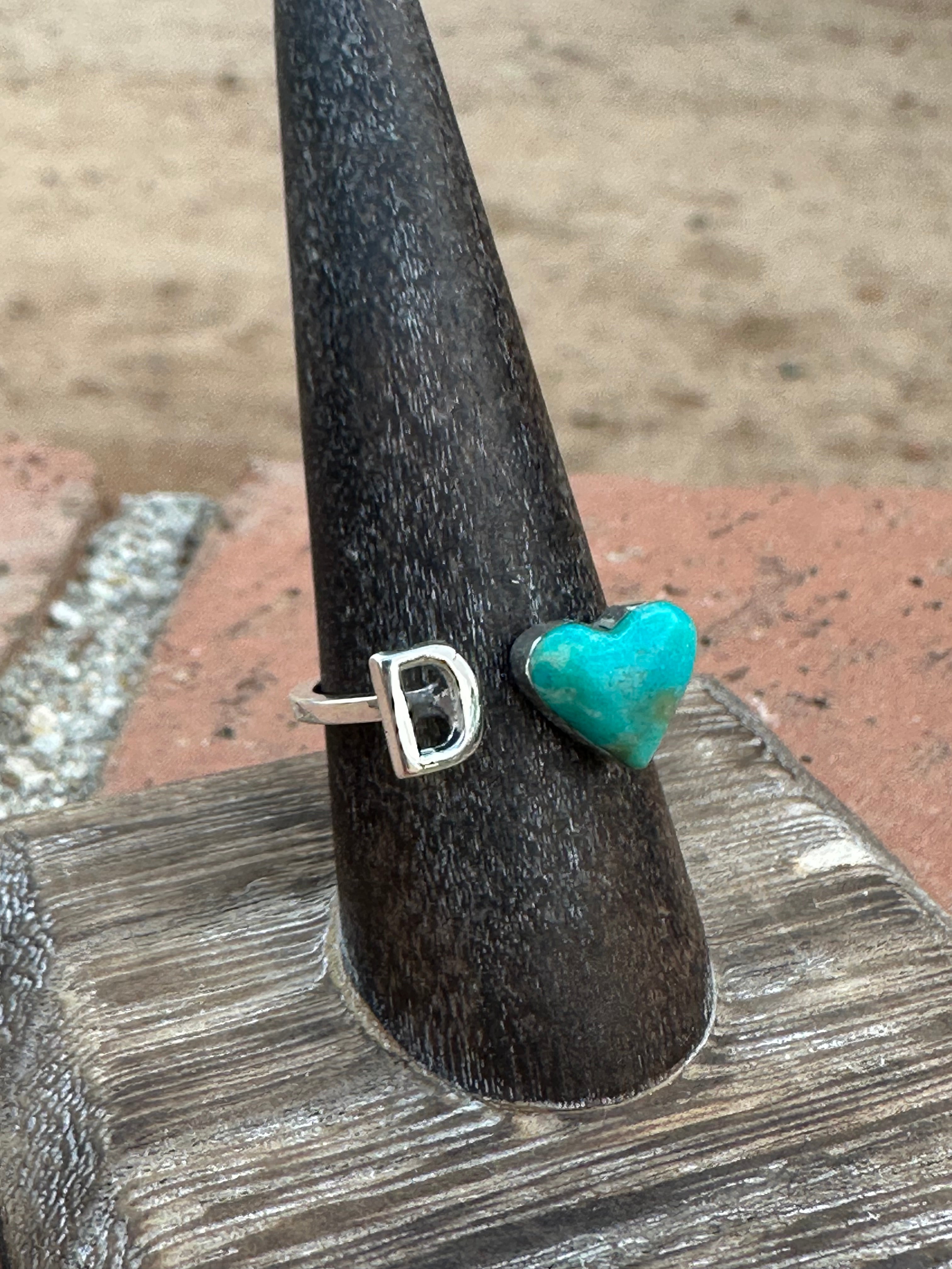 Handmade Sterling Silver & Turquoise Adjustable Initial Heart Ring