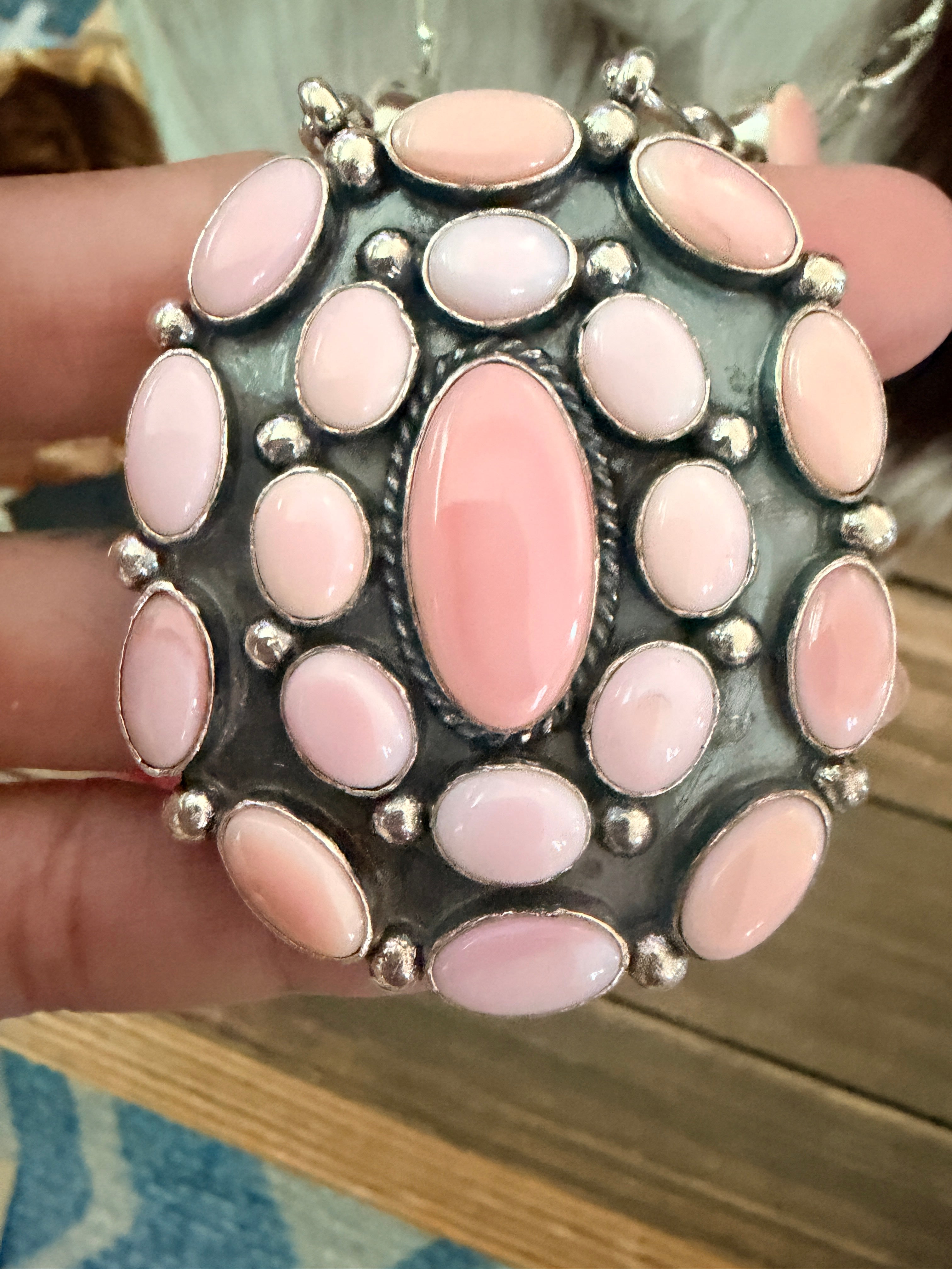 Handcrafted Queen Pink Conch & Sterling Silver Cluster Necklace and Earring Set