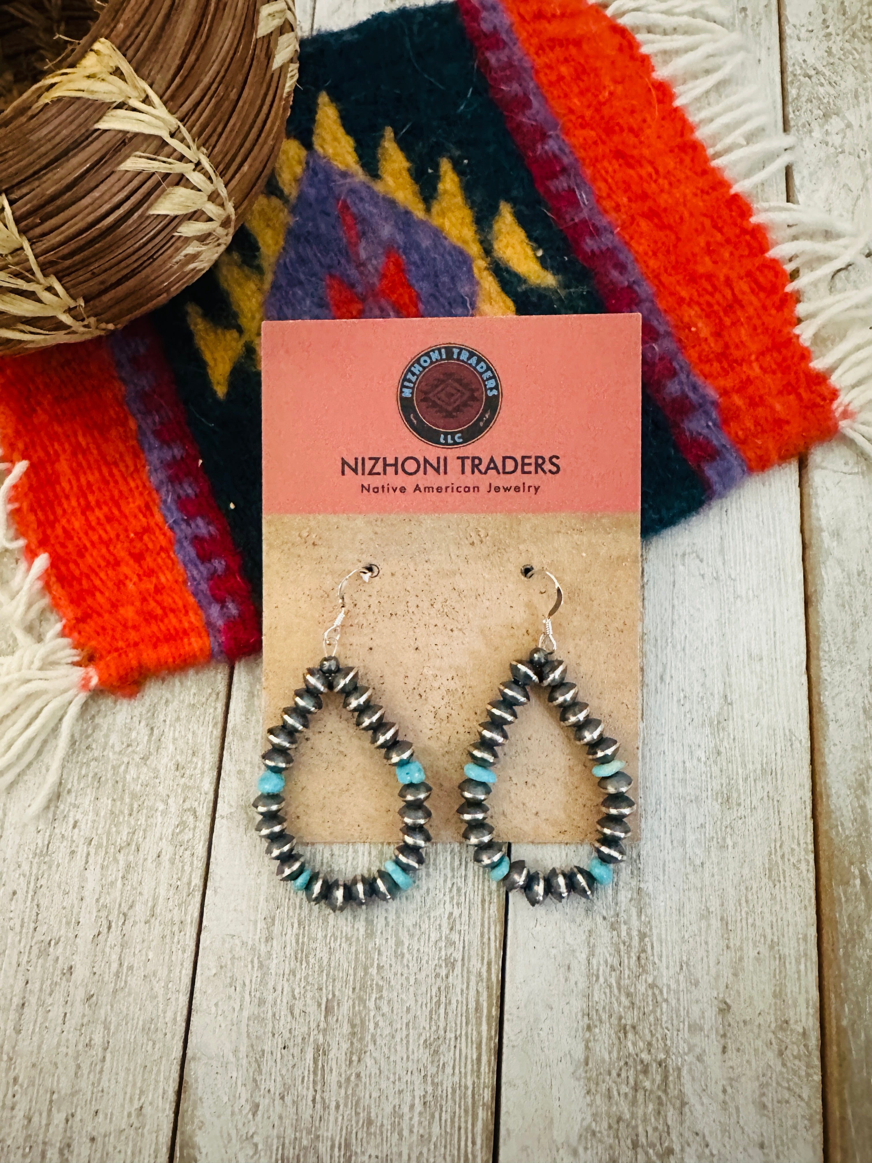 Navajo Turquoise & Sterling Silver Beaded Hoop Earrings