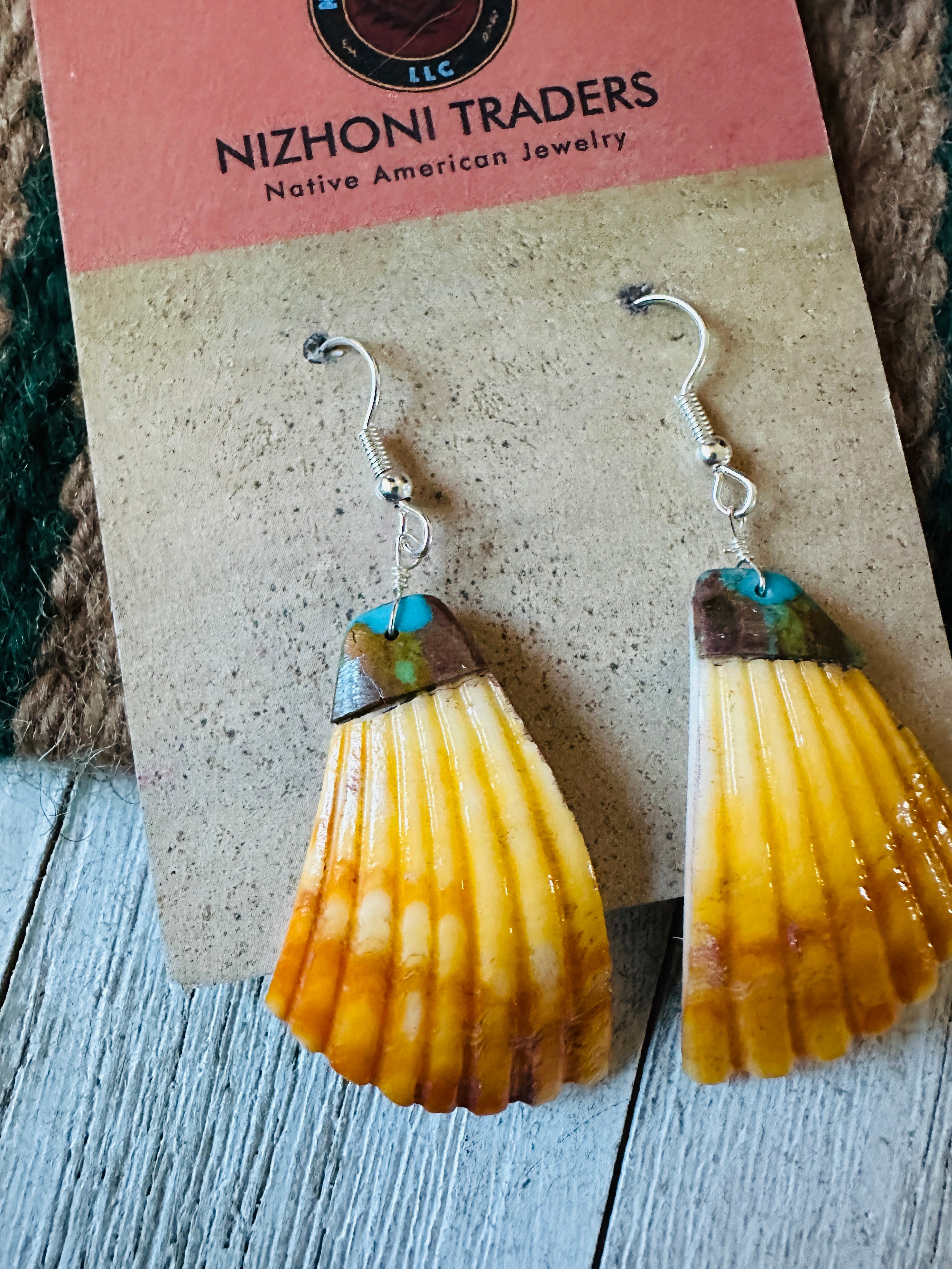 Santo Domingo Shell & Turquoise Feather Dangle Earrings