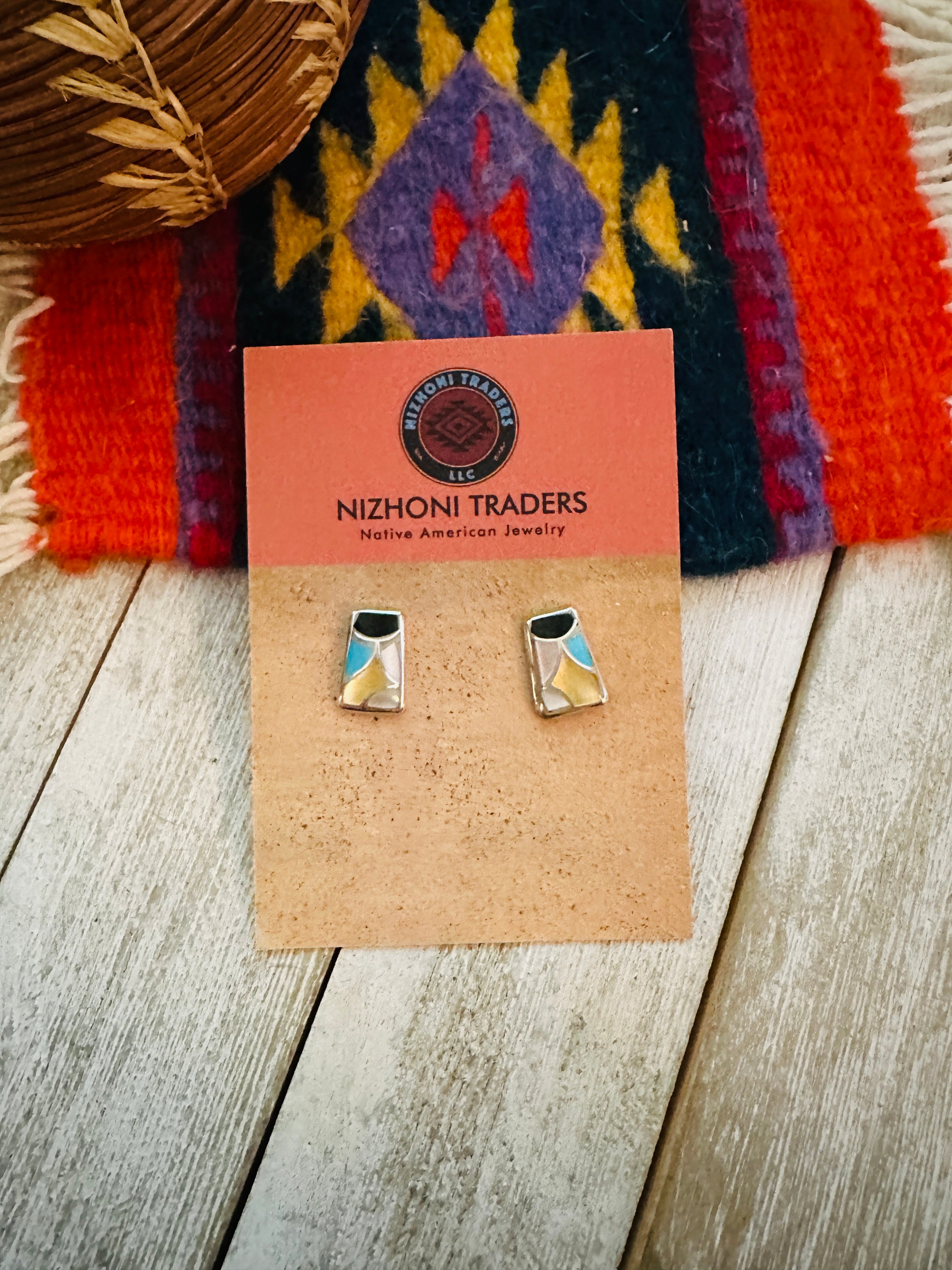 Zuni Multi Stone & Sterling Silver Inlay Stud Earrings